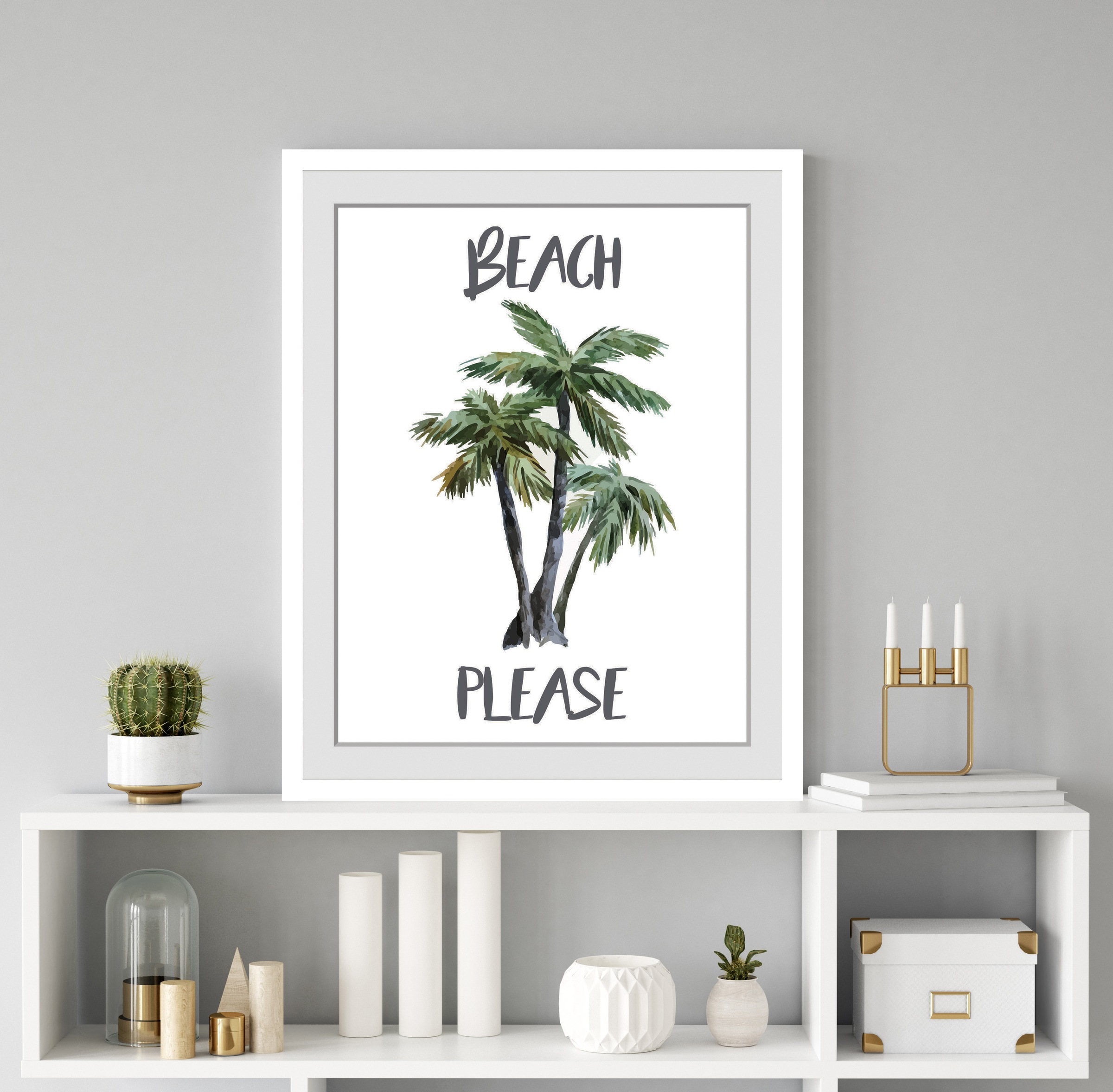 queence Bild »BEACH PLEASE« Humor | Palmen | Schriftzug | Sprüche & Texte HD Premium Poster-Druck inkl. Holzrahmen