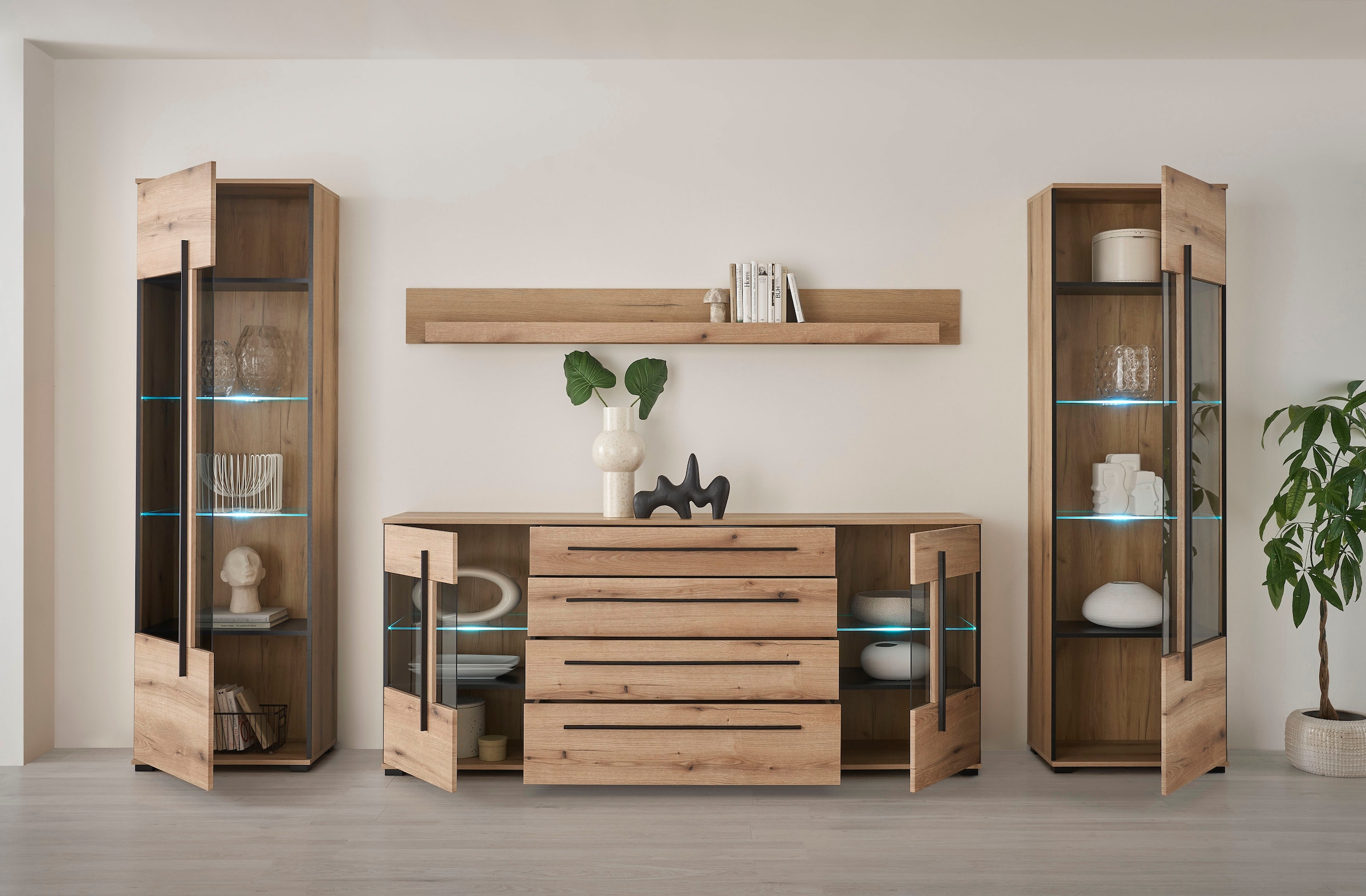 INOSIGN Wohnwand »Cantara, moderne Anbauwand, Wohnzimmer-Set, in Eiche Evoke oder Weiß«, (Set), enthält zwei Vitrinen, ein Sideboard und ein Wandboard