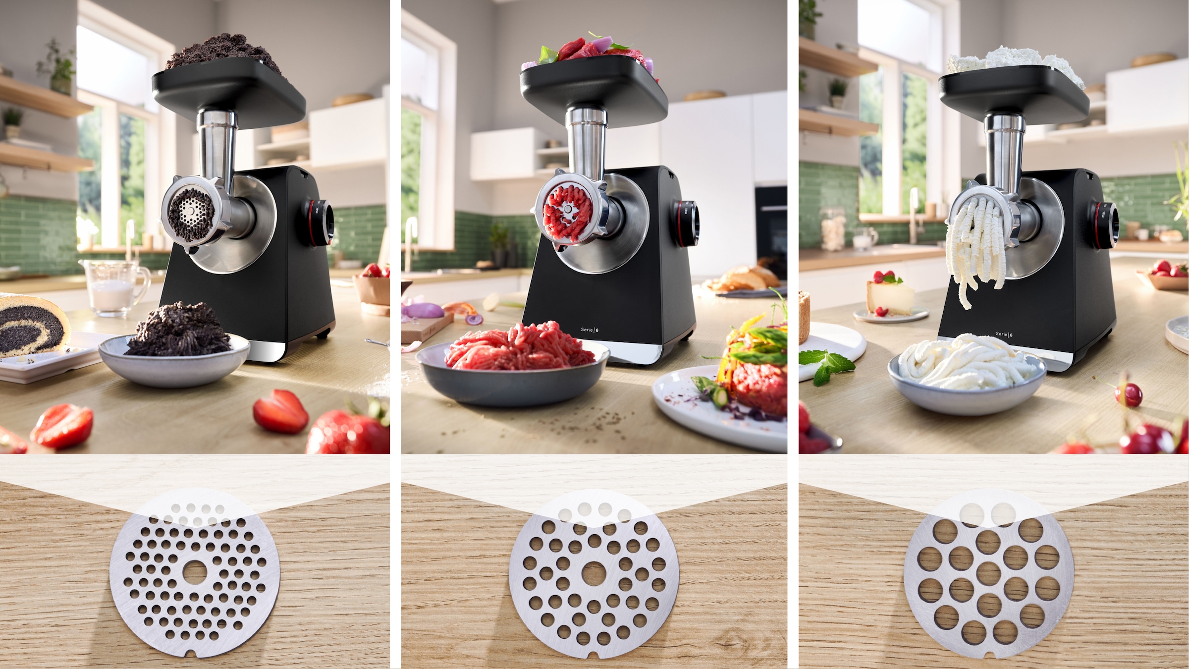 BOSCH Fleischwolf »Serie 6 MFWS682B, 3,5kg/Min., Zitruspresse, Raspel, Wurststopfer«, 500 W, 2 Lochscheiben (3&8mm), 10 J Motorgarantie, Planetengetriebe, schwarz