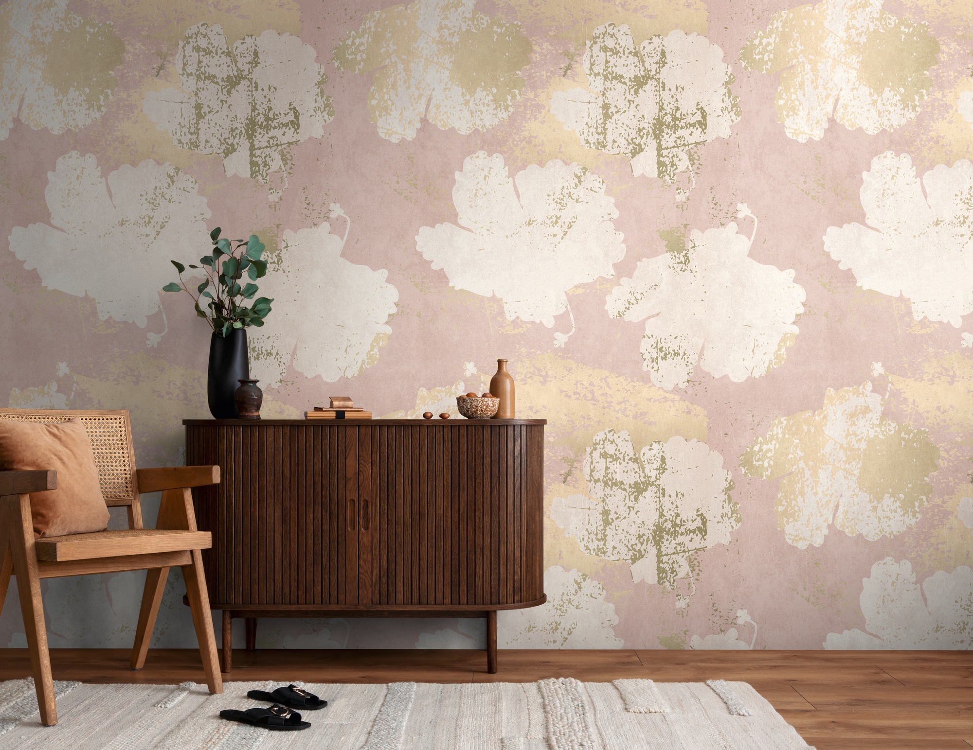 living walls Fototapete "THE WALL III Blumen-Tapete Motivtapete Abstrakt Putzoptik" matt glatt Vliestapete Blümchen für Schlafzimmer Küche Wohnzimmer Blumen Design