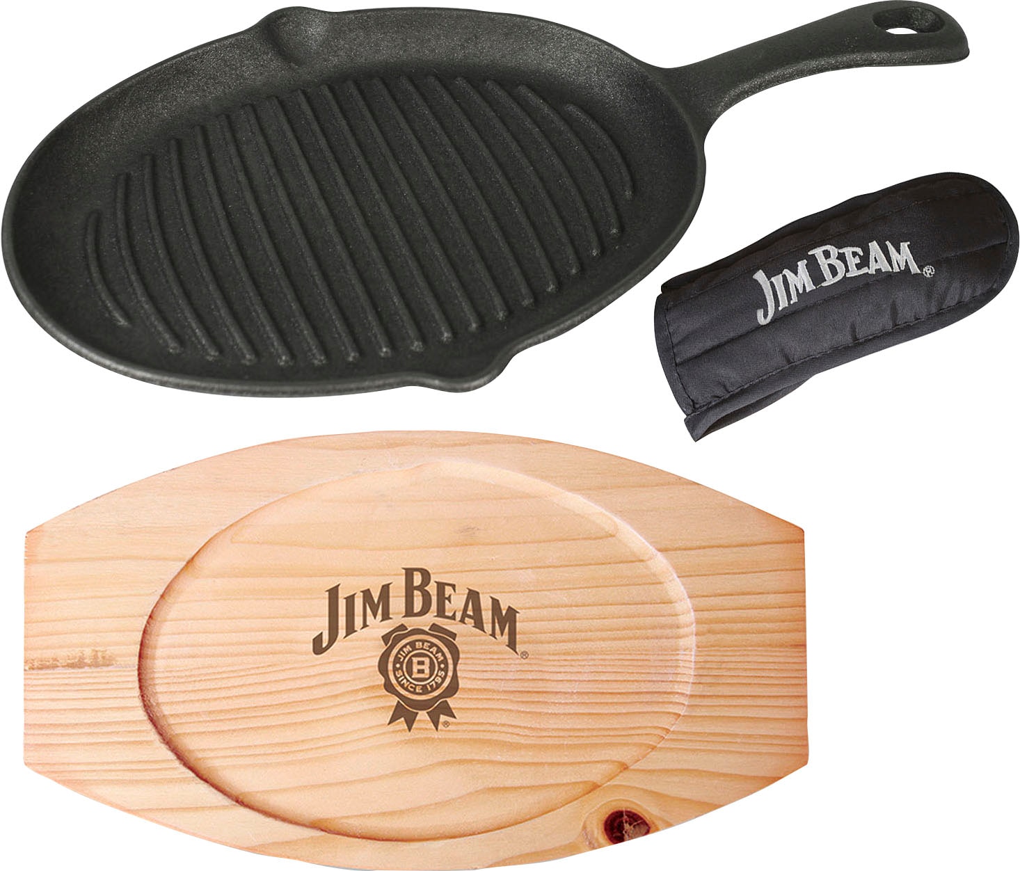 Jim Beam BBQ Grillpfanne Gusseisen Set, 3 Stk. tlg. inkl. Holzuntersetzer u günstig online kaufen