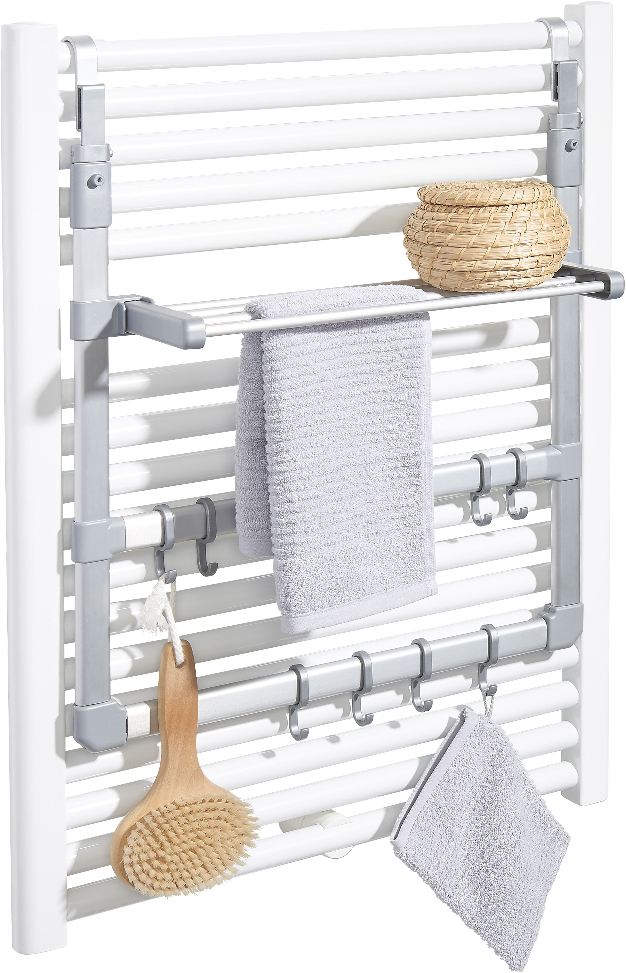 RUCO Heizkörper-Wäschetrockner "für Rundheizköper", B:50cm T:20cmsilbergrau, Wäscheständer, Heizkörper-Regal, Rostfrei, Made in Germany