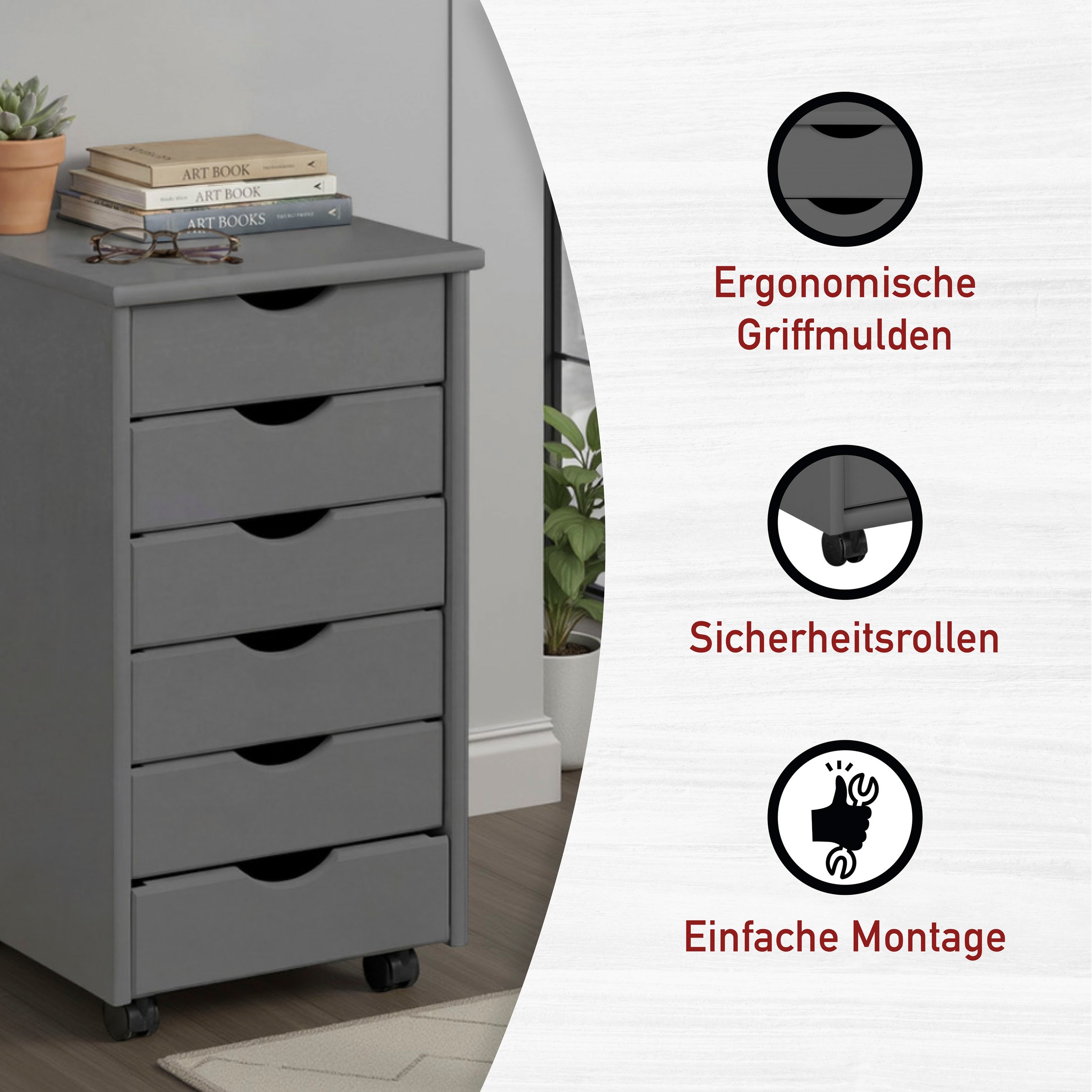 Inter Link Rollcontainer »Simon aus massivem Kiefernholz, auf rollen, grau lackiert« 1 Stk. tlg. Bürocontainer mit 6 Schubladen, grifflos, 35 x 39 x 65,6 cm