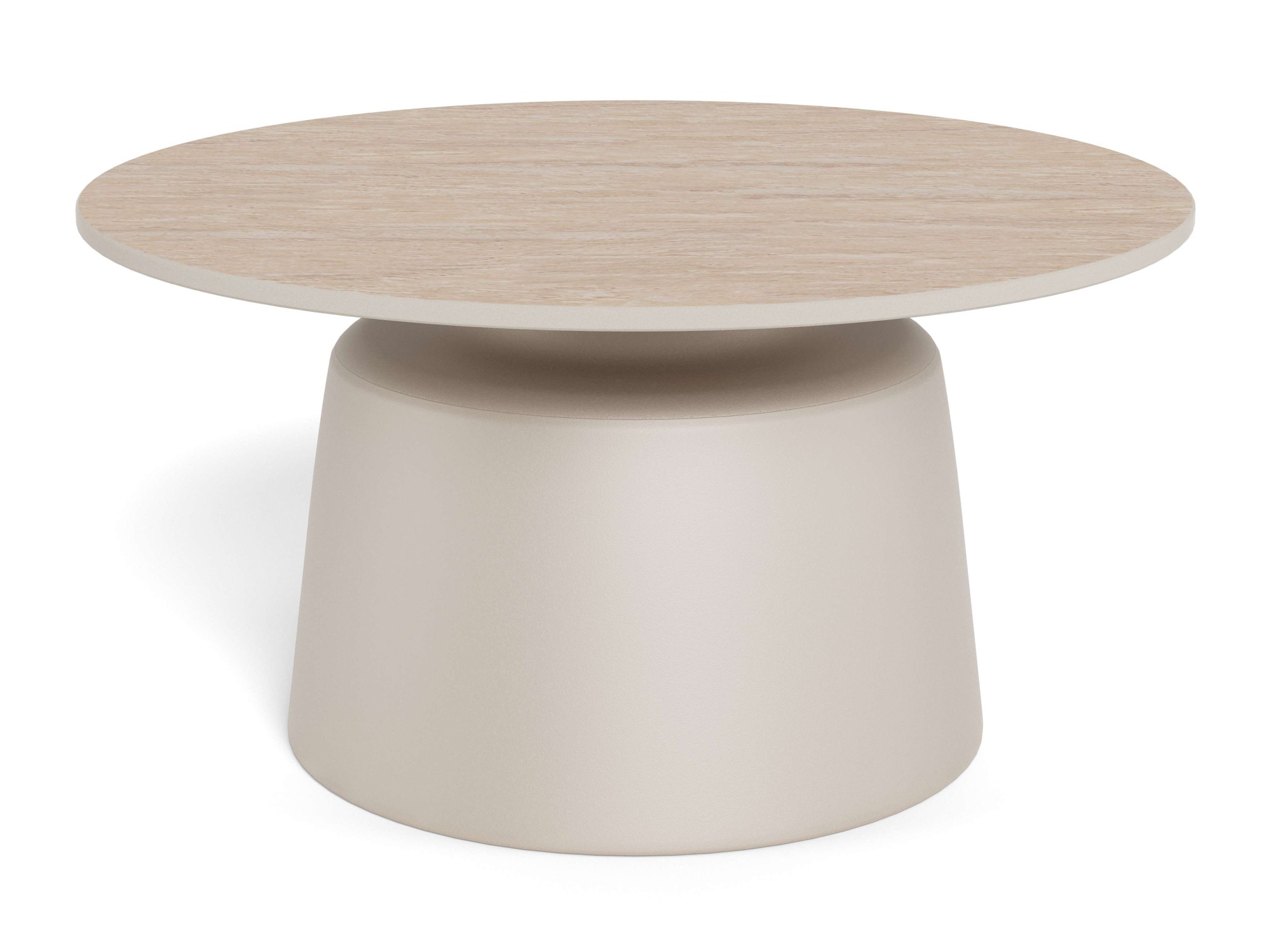 ACTONA GROUP Couchtisch "Santorini Kaffetisch - modern & stilvoll mit langlebiger Keramikplatte" Hellbeige Travertin-Keramik, graues Stahlgestell. Ø: 70 cm