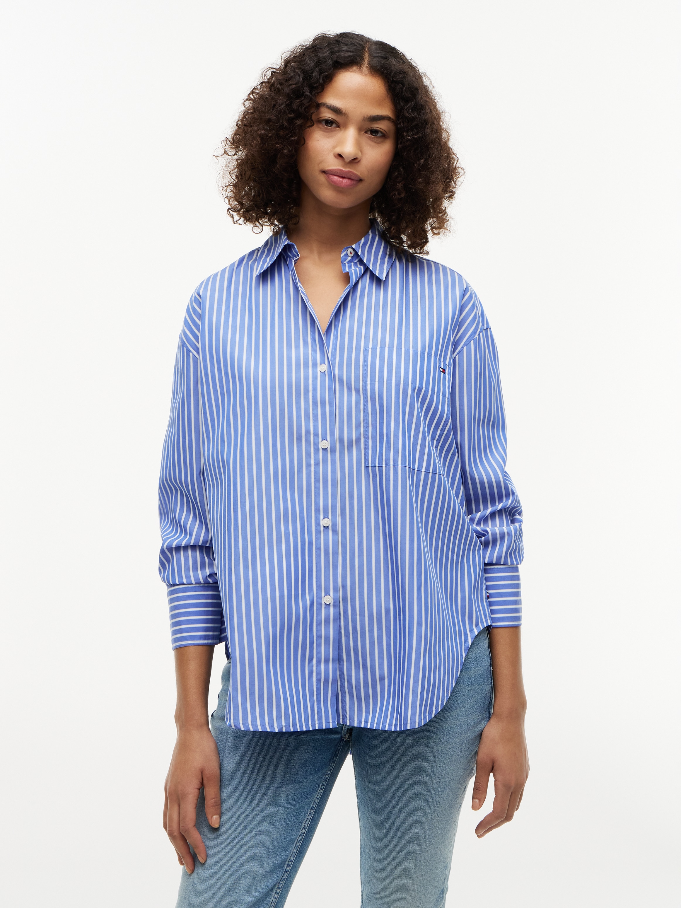 Tommy Hilfiger Hemdbluse "MODERN POPLIN BLUE STR SHIRT LS" Baumwolle, Brusttasche, regular fit