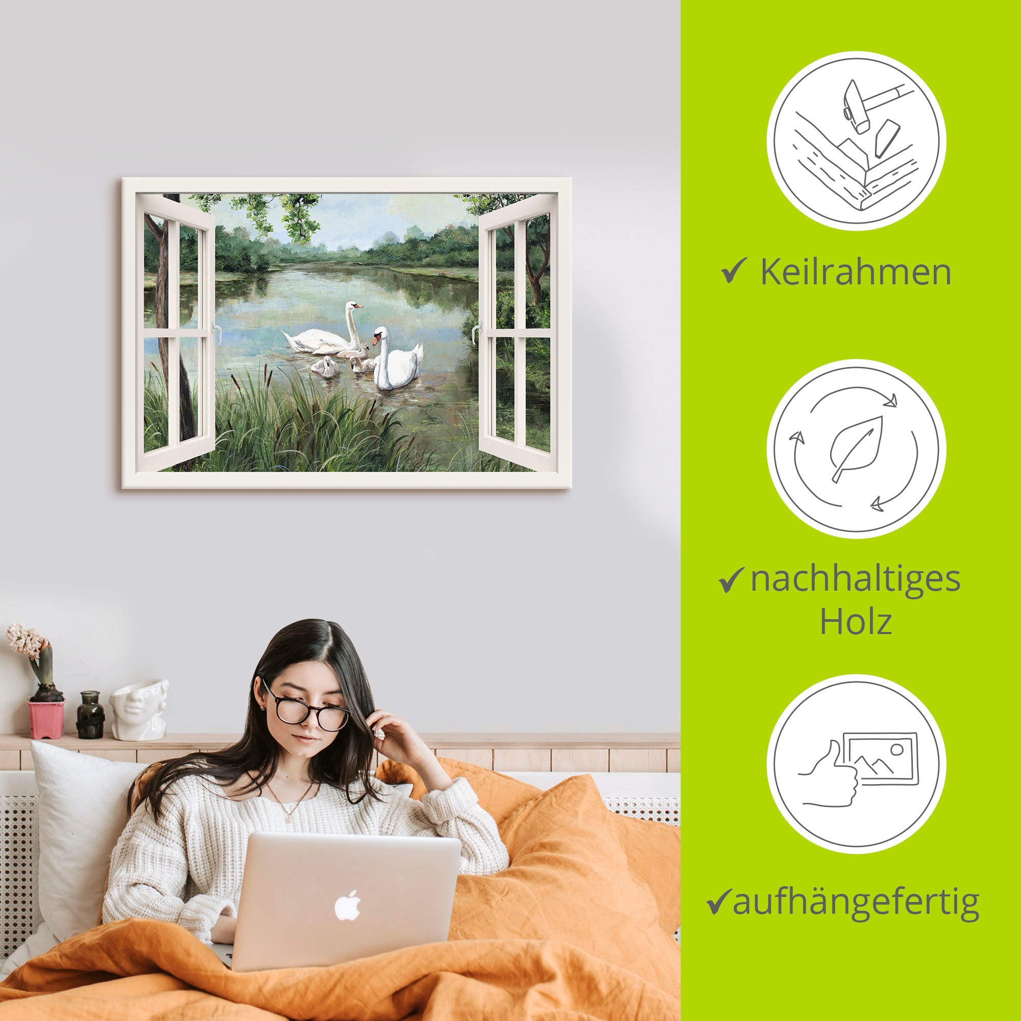 Artland Wandbild »Fensterblick - Schwäne«, Vögel, (1 St.), als Alubild, Outdoorbild, Leinwandbild, Wandaufkleber, versch. Größen