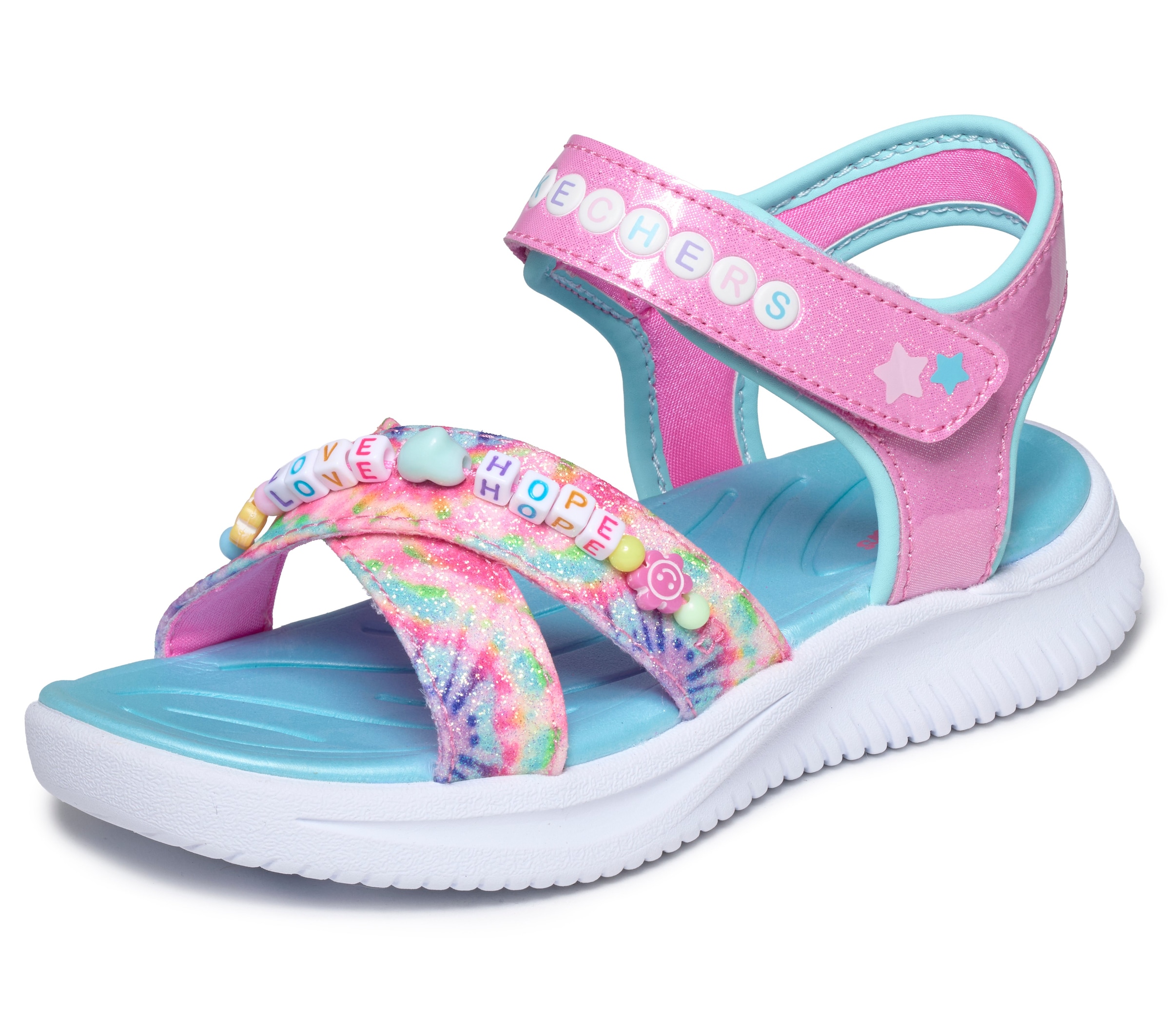 Sandale SKECHERS "JUMPSTERS SANDAL", Mädchen, Gr. 33, pink, multi, Lederimitat, Glitzer, Schuhe Sandale, Sommerschuh mit Klettverschluss, Größenschablone zum Download