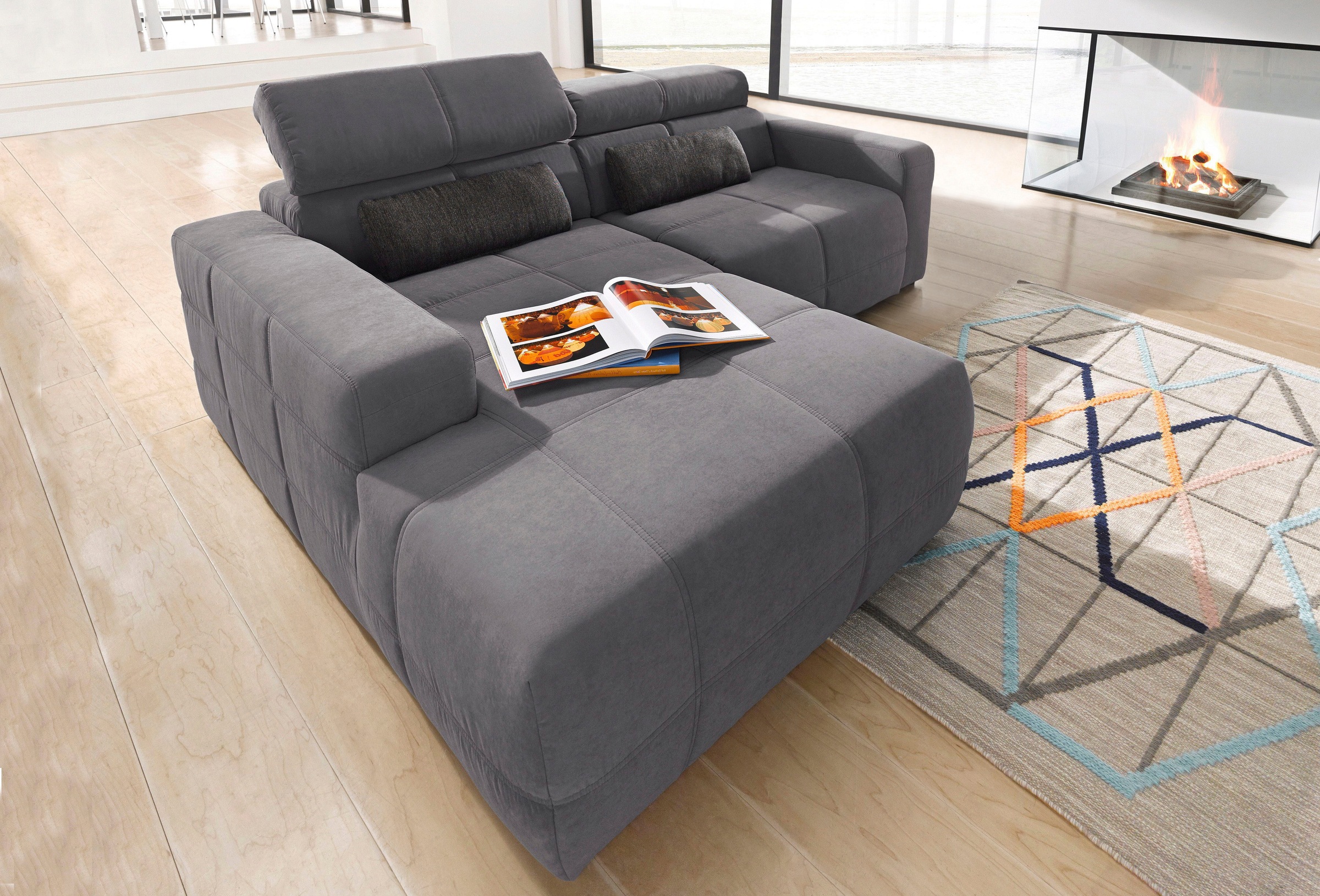 DOMO collection Ecksofa "BRANDON inkl. Kopfteilverstellung, 214x100x80 cm, L-Form" Luxus-Microfaser, grau