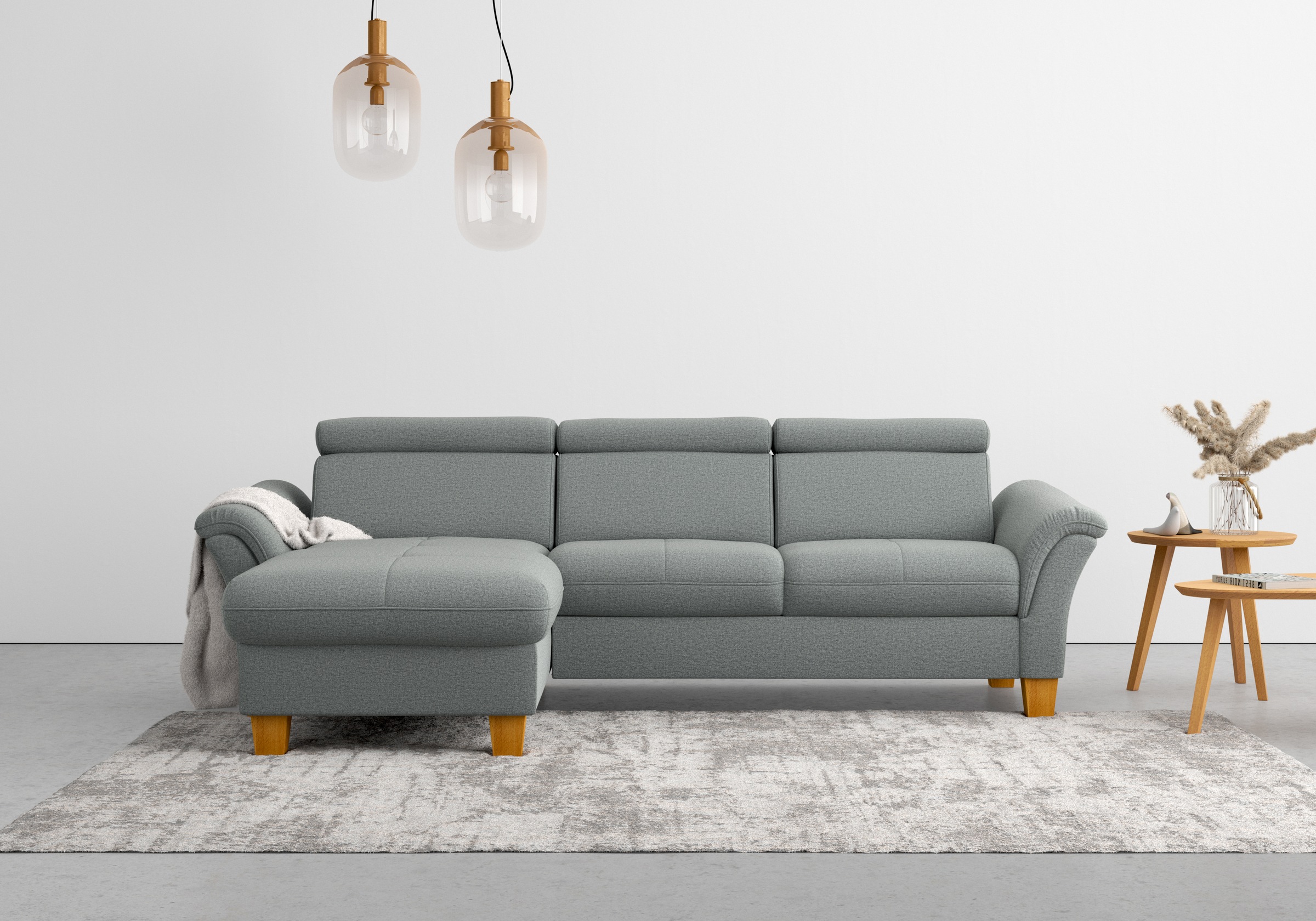 Ecksofa HOME AFFAIRE "Lindgren L-Form", grau, B:258cm H:84cm T:169cm, 100% Polyester, Sofas, Ecksofa, wahlweise mit Bett mit klappbaren Rollen, Kasten und Kopfverstellung 2