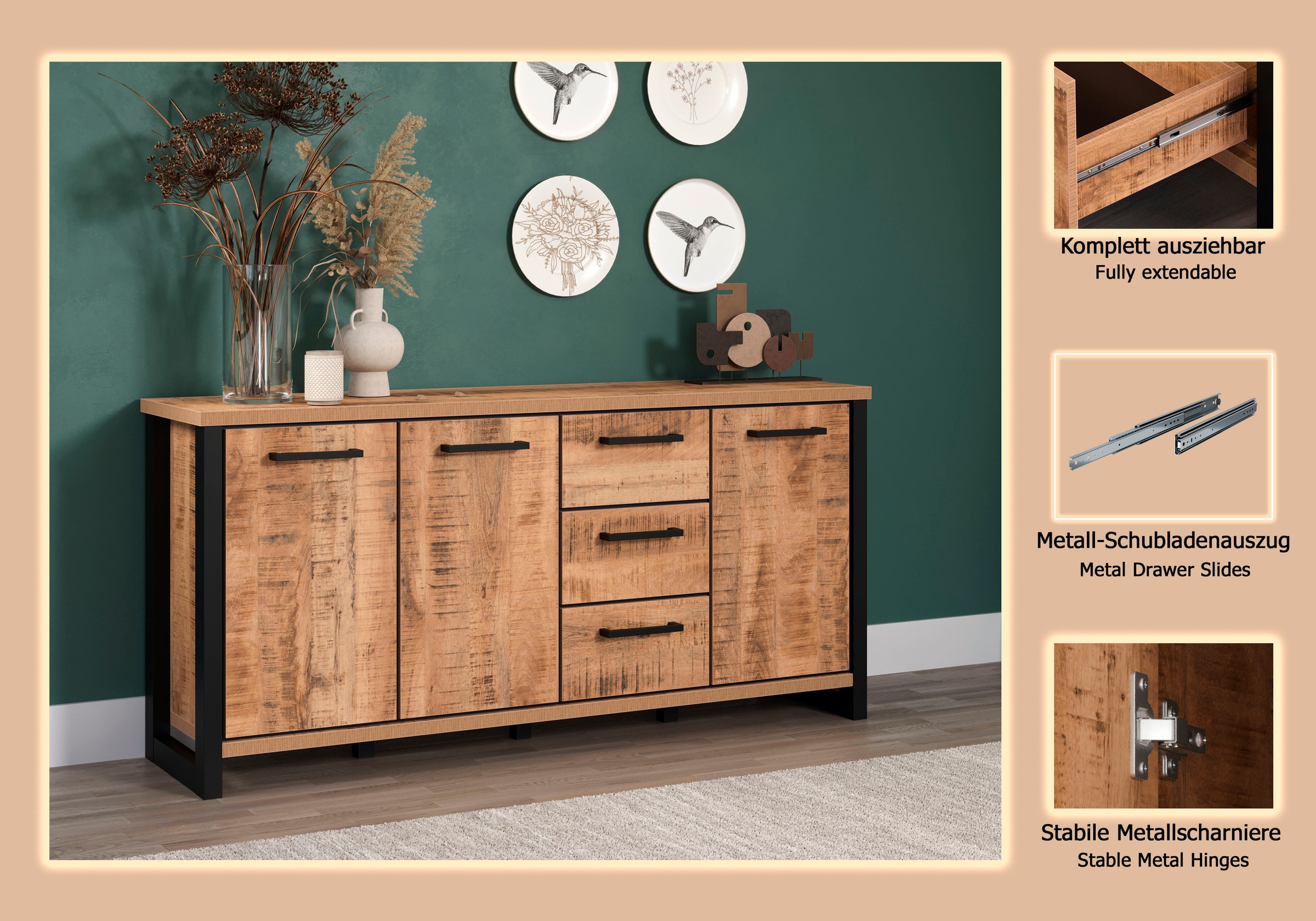 Thumbnail - Home affaire Sideboard "Elda" 1 Stk. tlg. Sideboard mit 3 Türen & 3 Vollauszug Schubladen – (B/T/H) 180/45/86 cm