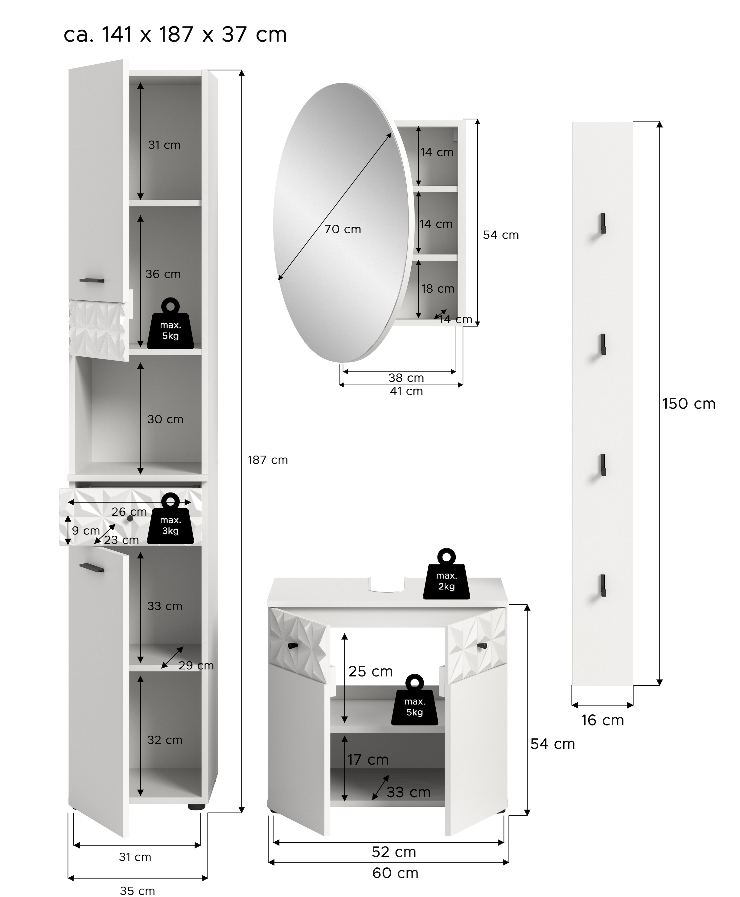 INOSIGN Badezimmer-Set »VICENZA, TOPSELLER!, Breite 141cm, 4-teilig, mit Ornamentabsetzung«, (Hochschrank, Waschbeckenunterschrank, Spiegelschrank und Hakenleiste), Hochschrank, Waschbeckenunterschrank, Spiegelschrank und Hakenleiste