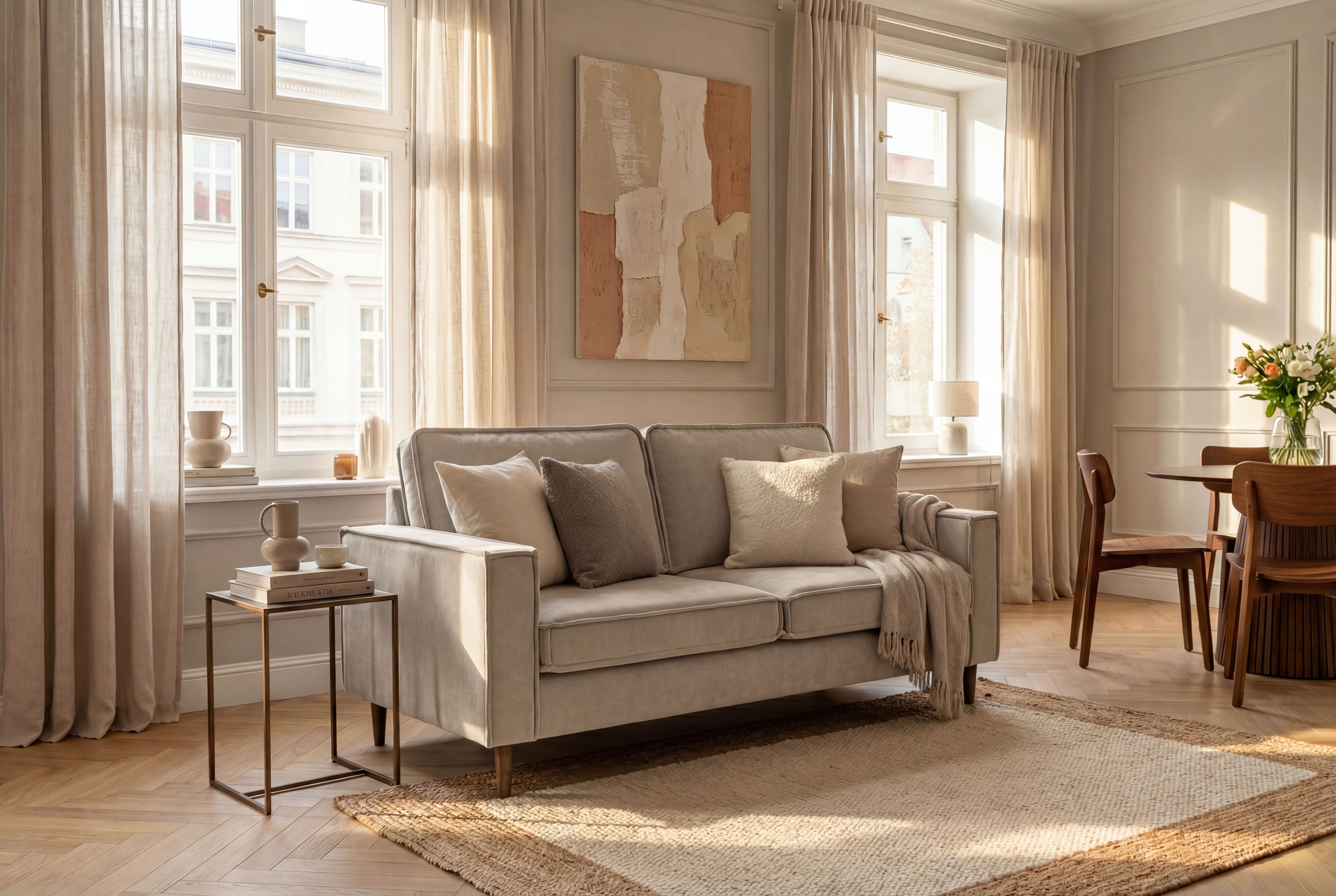 OTTO home 2-Sitzer "Pinto Skandi, 166 cm, Chenille, Struktur" mit Keder, Massivholzfüße Eiche geräuchert, Wellenunterfederung