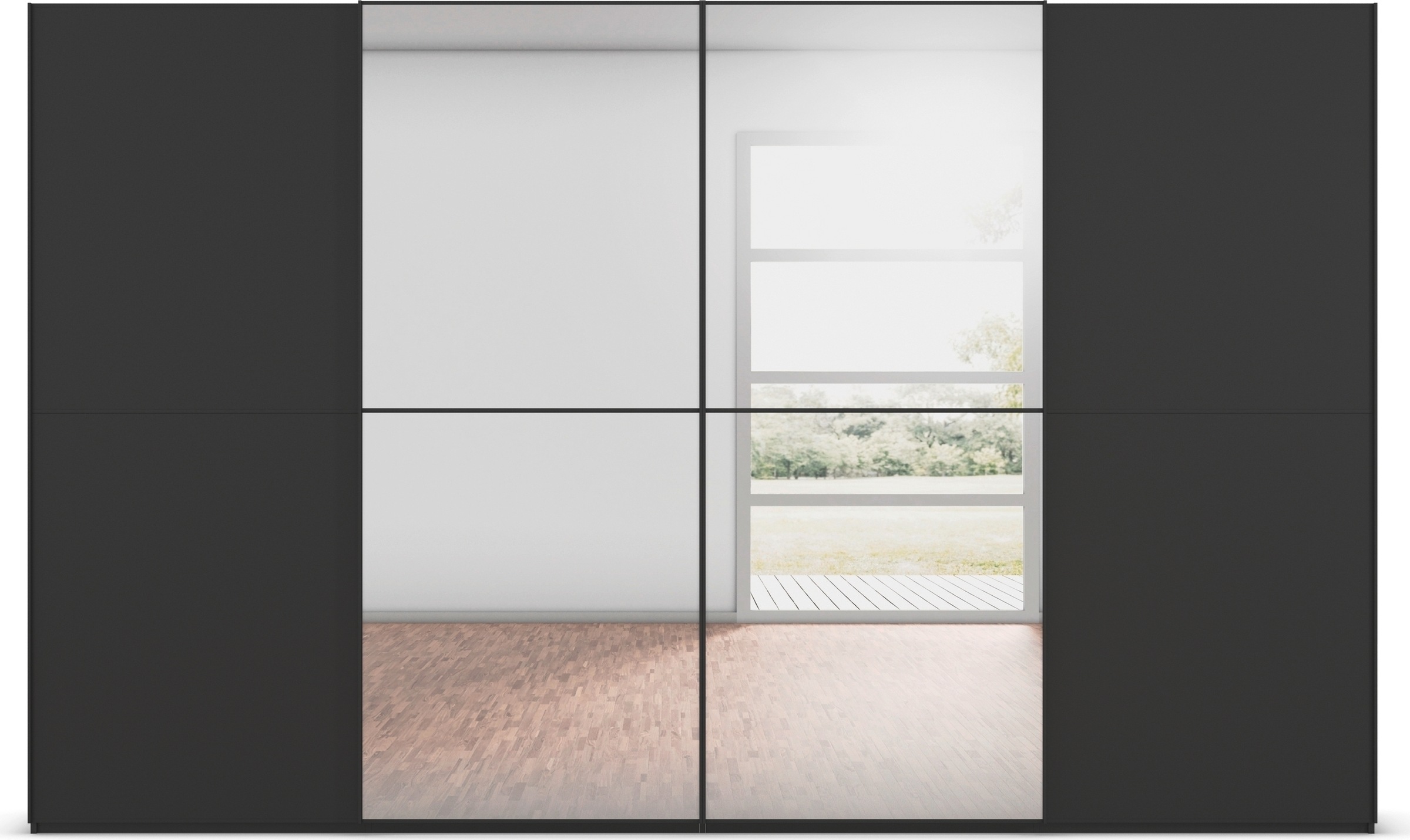 rauch Schwebetürenschrank »Kleiderschrank Schrank Garderobe Schlafzimmerschrank SCALE-DUO«, edle zweigeteilte Türen, Spiegel und 3 Zierleisten MADE IN GERMANY