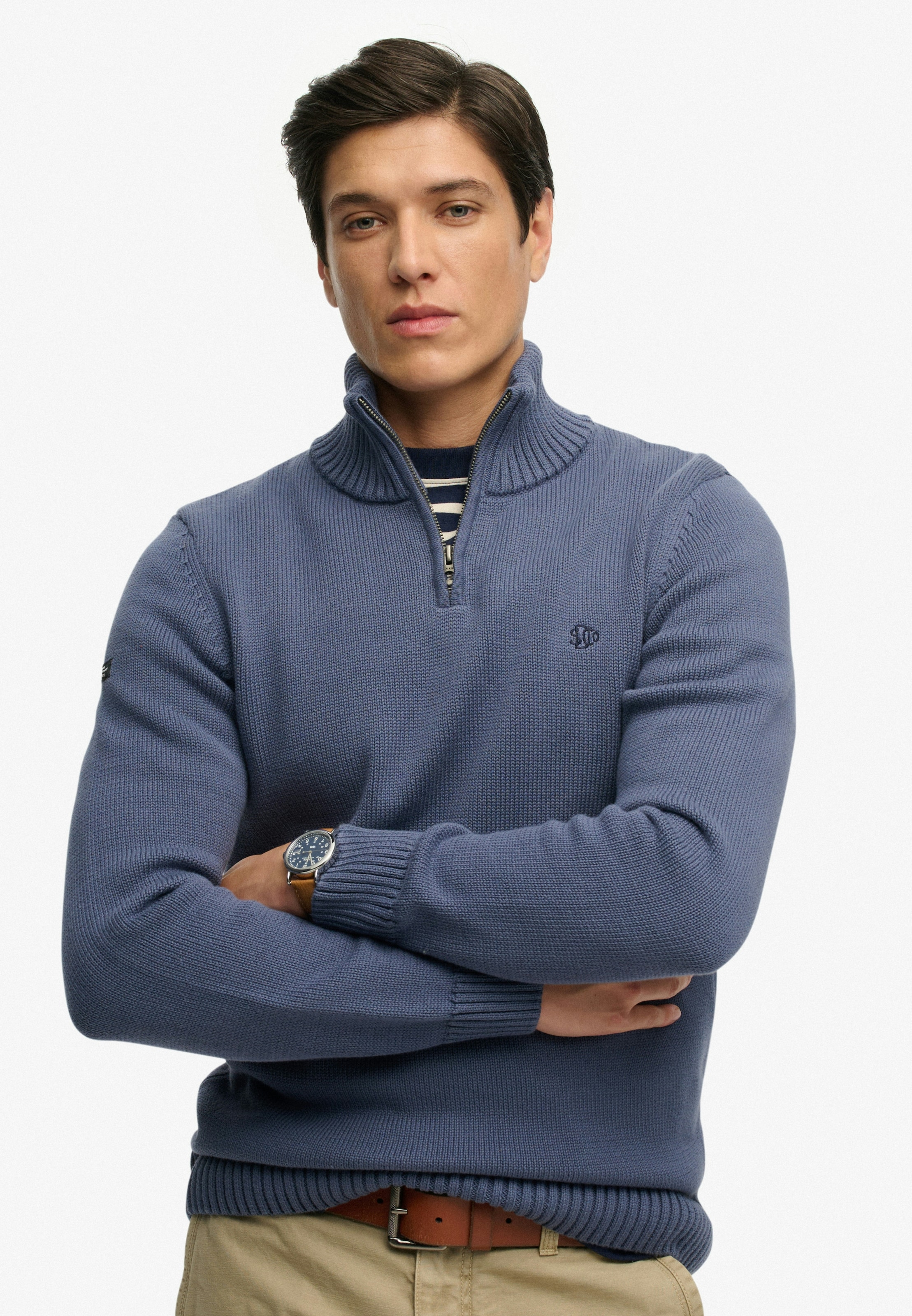 Superdry Strickpullover "Cotton Knit Henley" Aus Baumwolle, Slim Fit, Mit Stehkragen, Hüftlange Form, Pflegeleicht