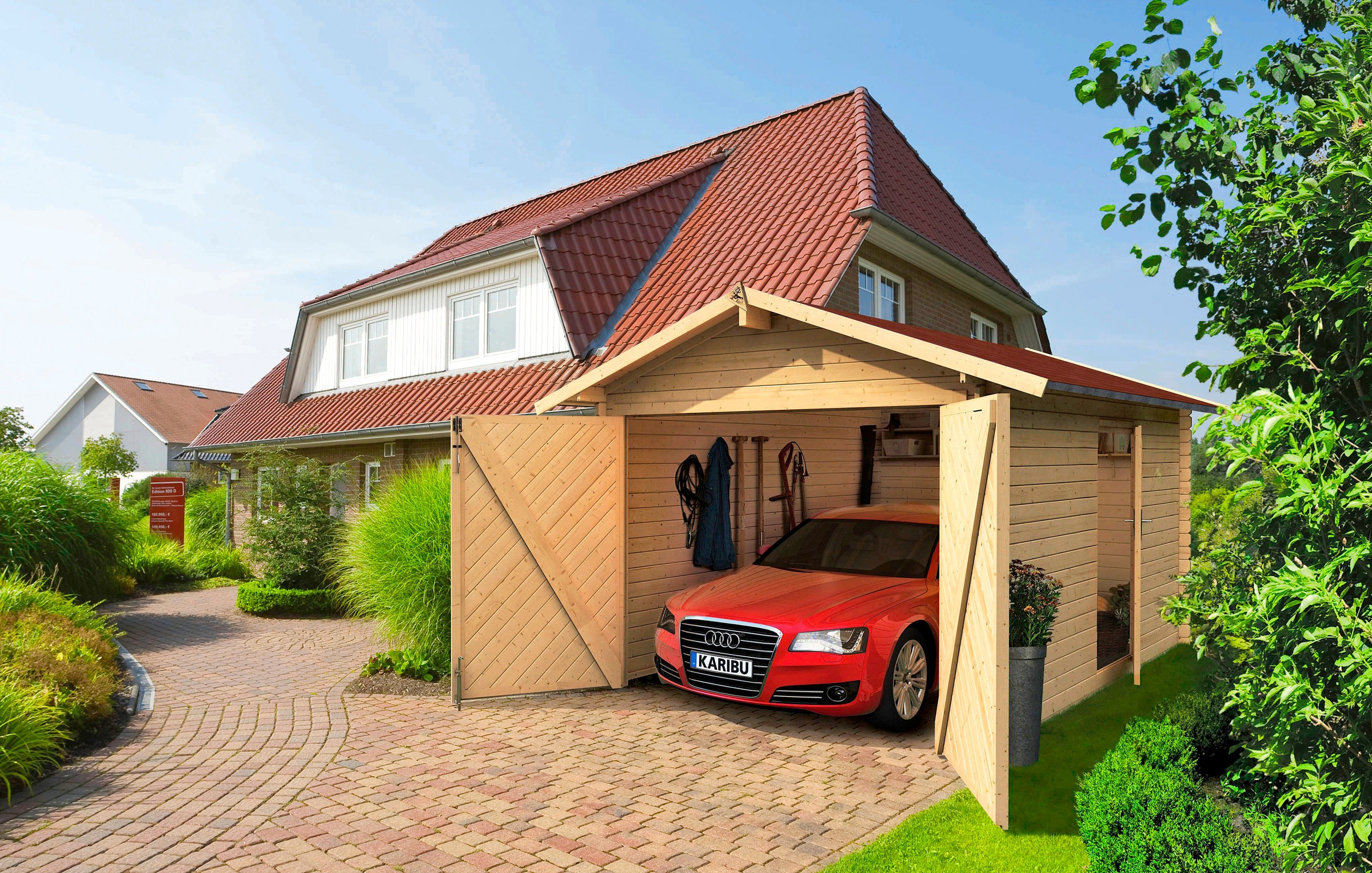 Karibu Garage »Stephan«, cm mit | 193 (Set, roten Einfahrtshöhe günstig cm, BAUR Dachschindeln), 338x489 BxT