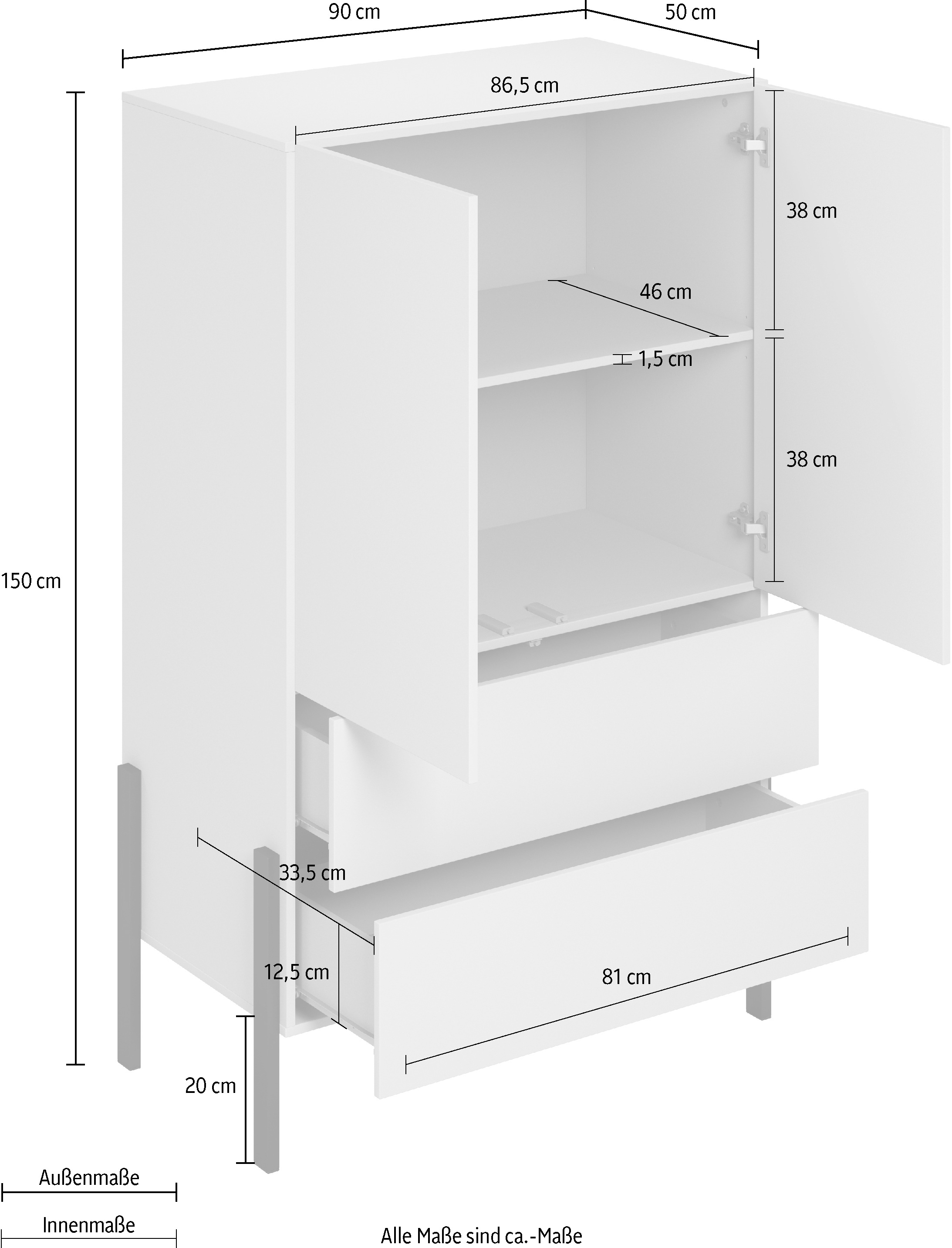 INOSIGN Wäscheschrank »Mertzon, Breite 90 cm, moderner griffloser Kleiderschrank«, Mehrzweckschrank,Drehtürenschrank 2 Schubladen, 2 Türen, Metallfüsse