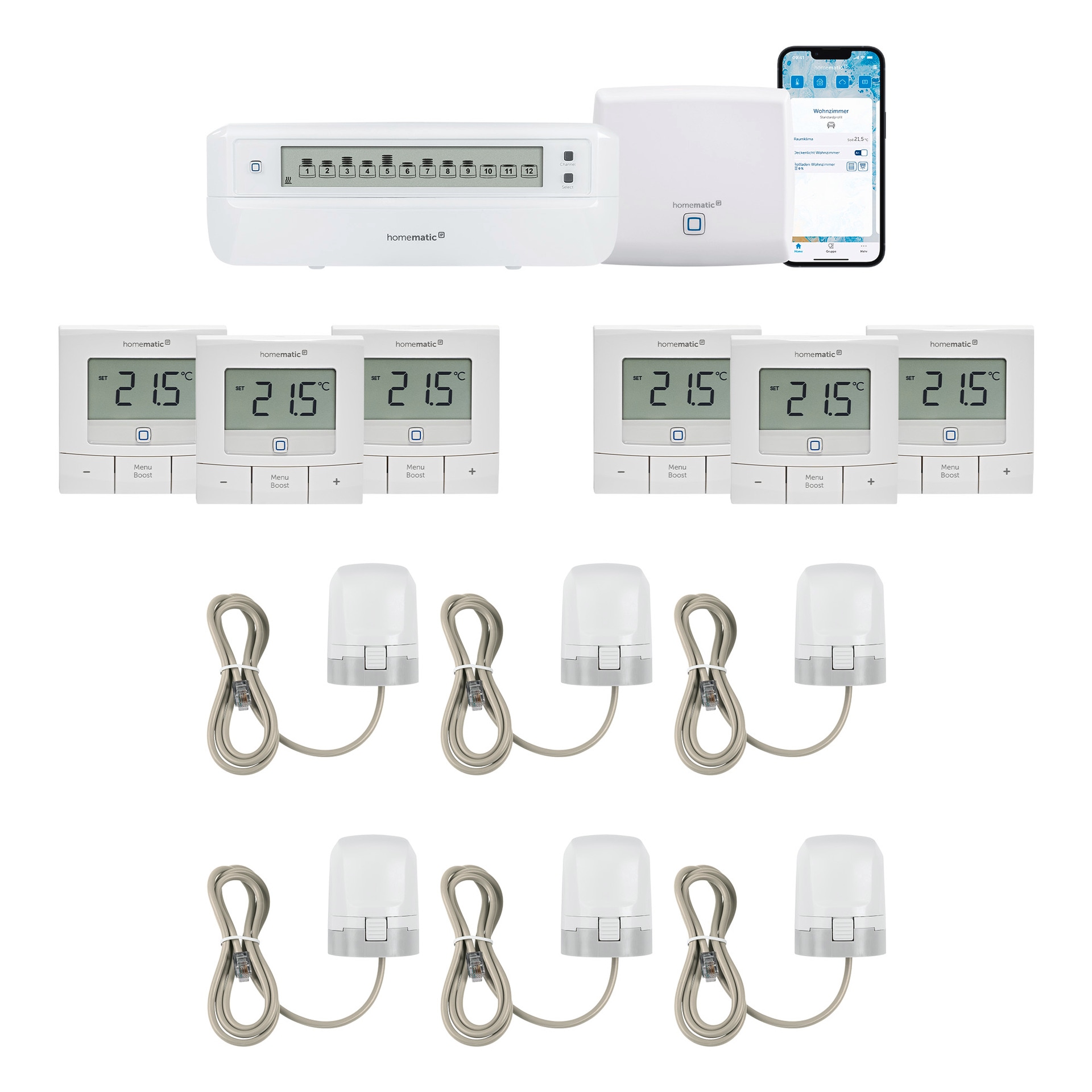 HOMEMATIC IP Smart-Home-Zubehör "Bundle aus AP, 1x Fussbodenaktor, 6x Stellantrieb, 6x Wandthermostat", B:28cm H:31cm T:40cm, weiß,