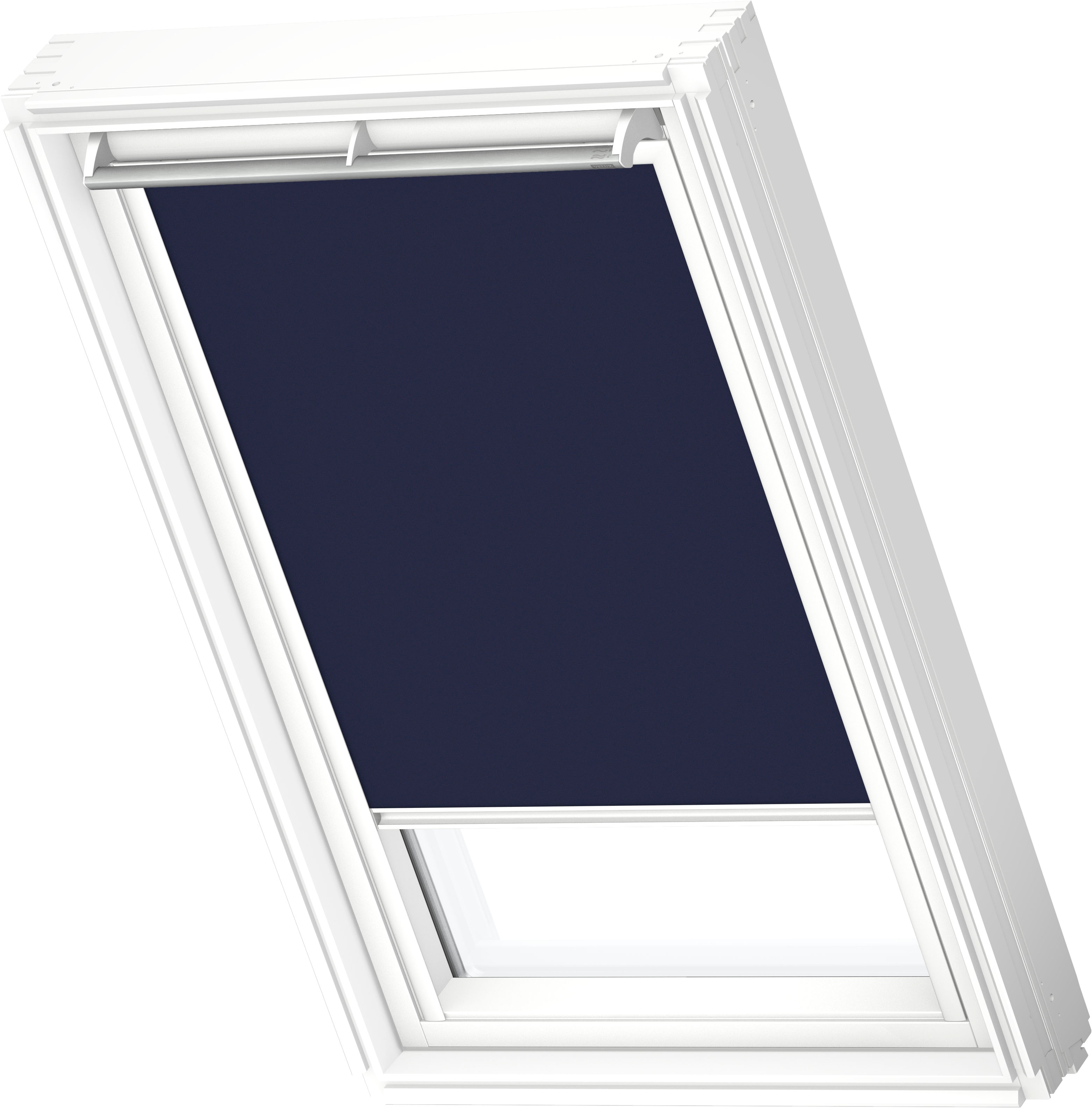 Velux Verdunklungsrollo "Dkl 1100SWL" Verdunkelnd Ohne Bohren In Führungsschienen Stoff Dunkelblau Mit Alufarbenen Führungsschienen & Griffleiste