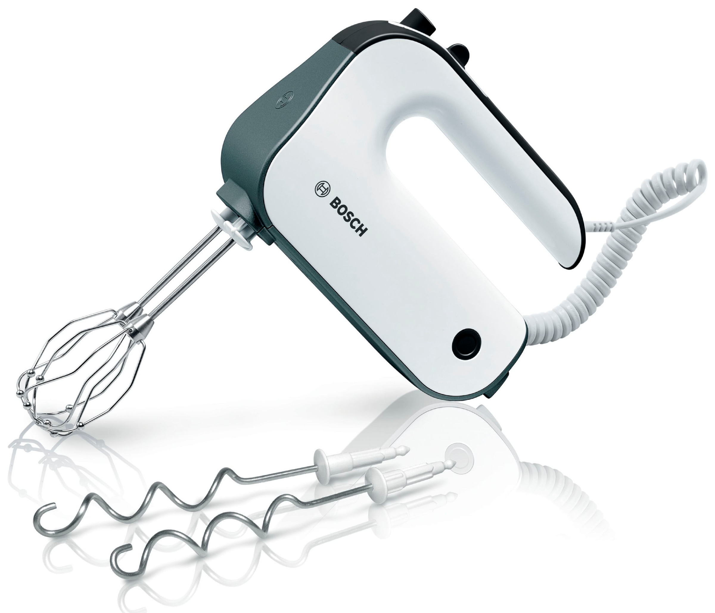 BOSCH Handmixer "MFQ49300, Edelst. Rührbesen/Knethaken, 5 Stufen, Spiralkabel, weiß/gr", 850 W, Turbotaste, Soft-Touch-G