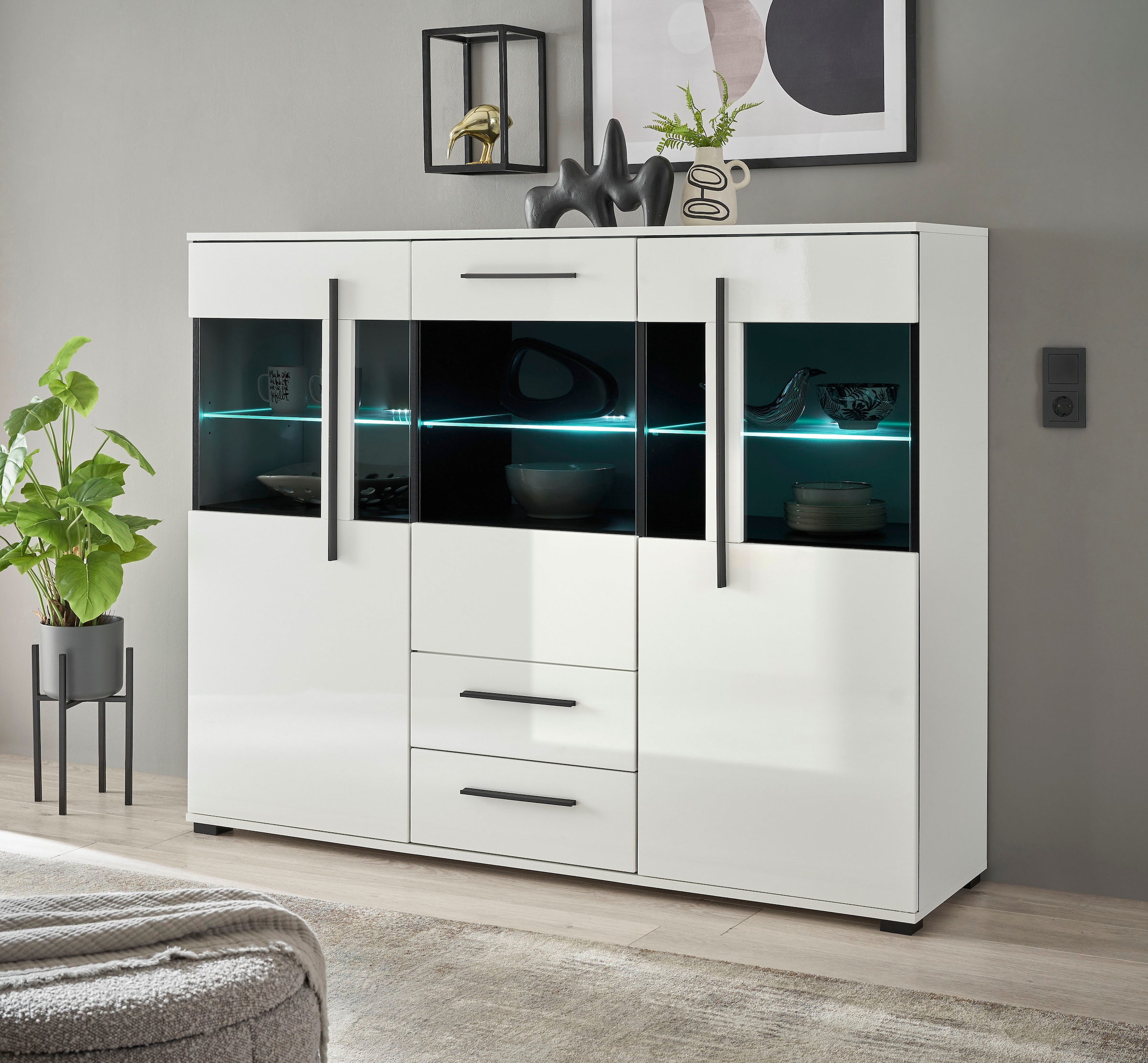 INOSIGN Highboard »Cantara, moderner Schrank, Vitrine in Eiche Dekor oder weiß«, schwarze Stangengriffe, ausreichend Stauraum, vielseitig einsetzbar