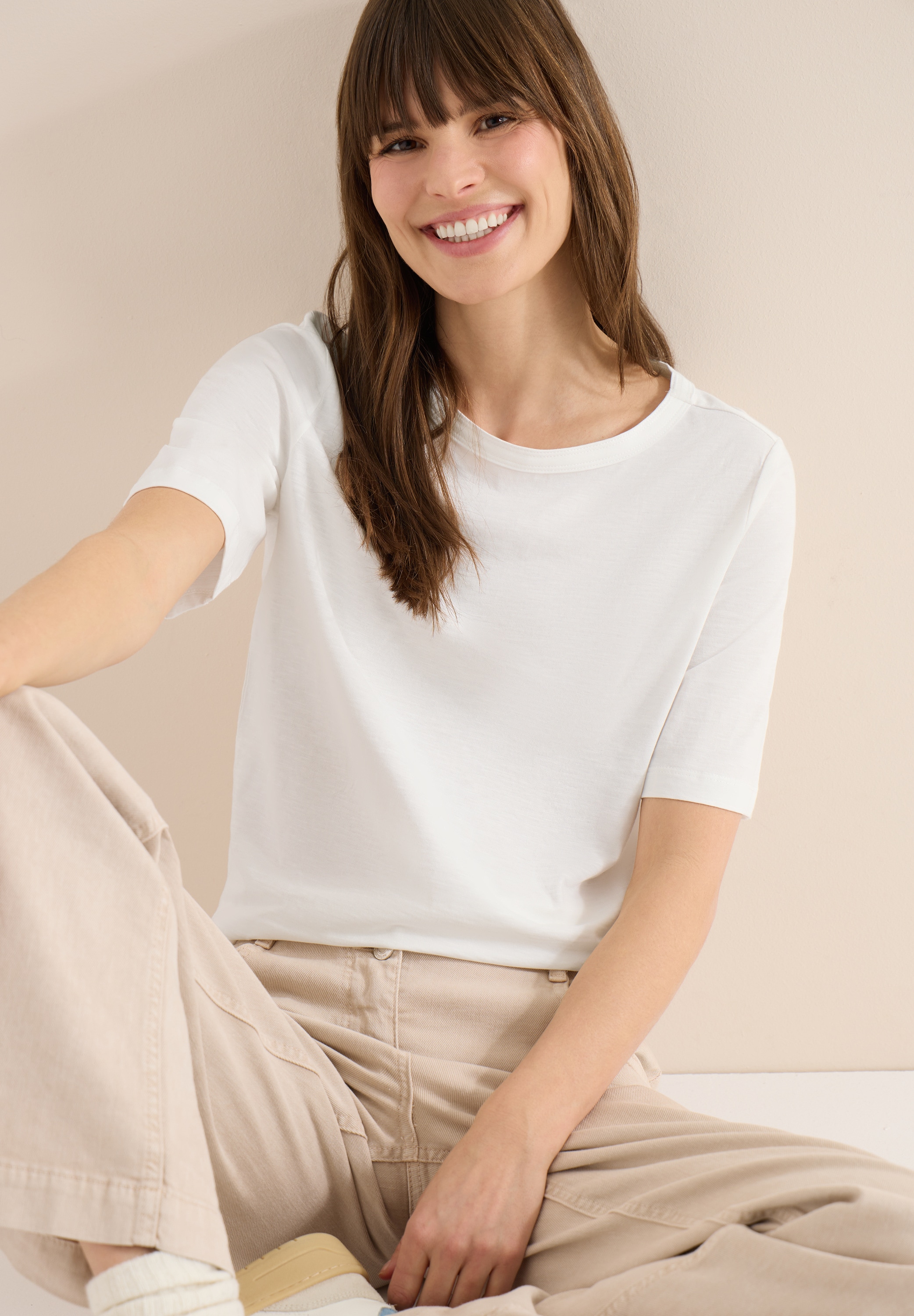 Kurzarmshirt CECIL, Damen, Gr. L (42), vanilleweiß, Jersey, Obermaterial: 100% Baumwolle, unifarben, normal hüftbedeckend, Rundhals, Shirts, aus weicher Baumwolle