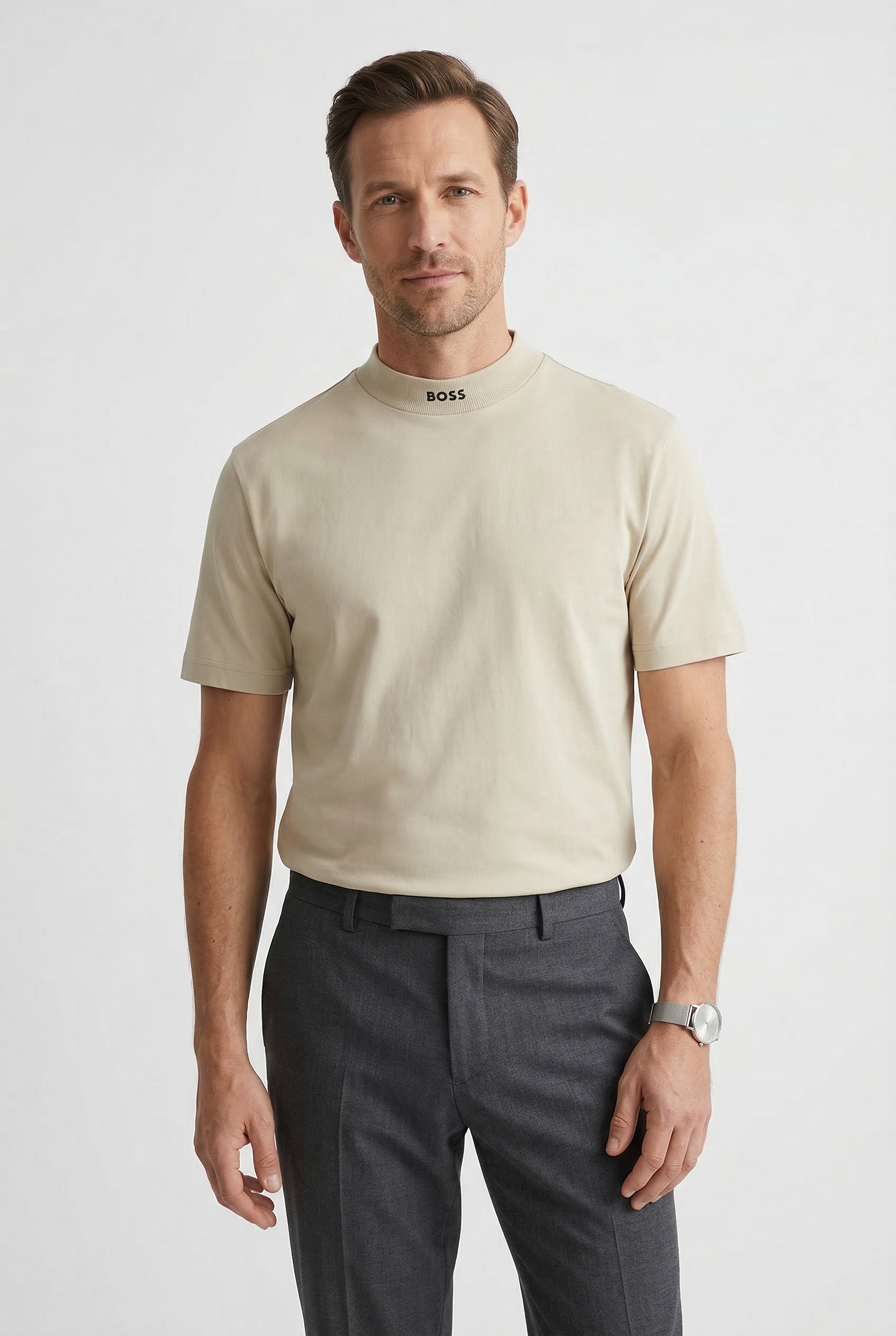 BOSS GREEN "Tee Collar Relaxed Fit" Stretch Jersey Baumwolle, Logo Centered, Rundhals