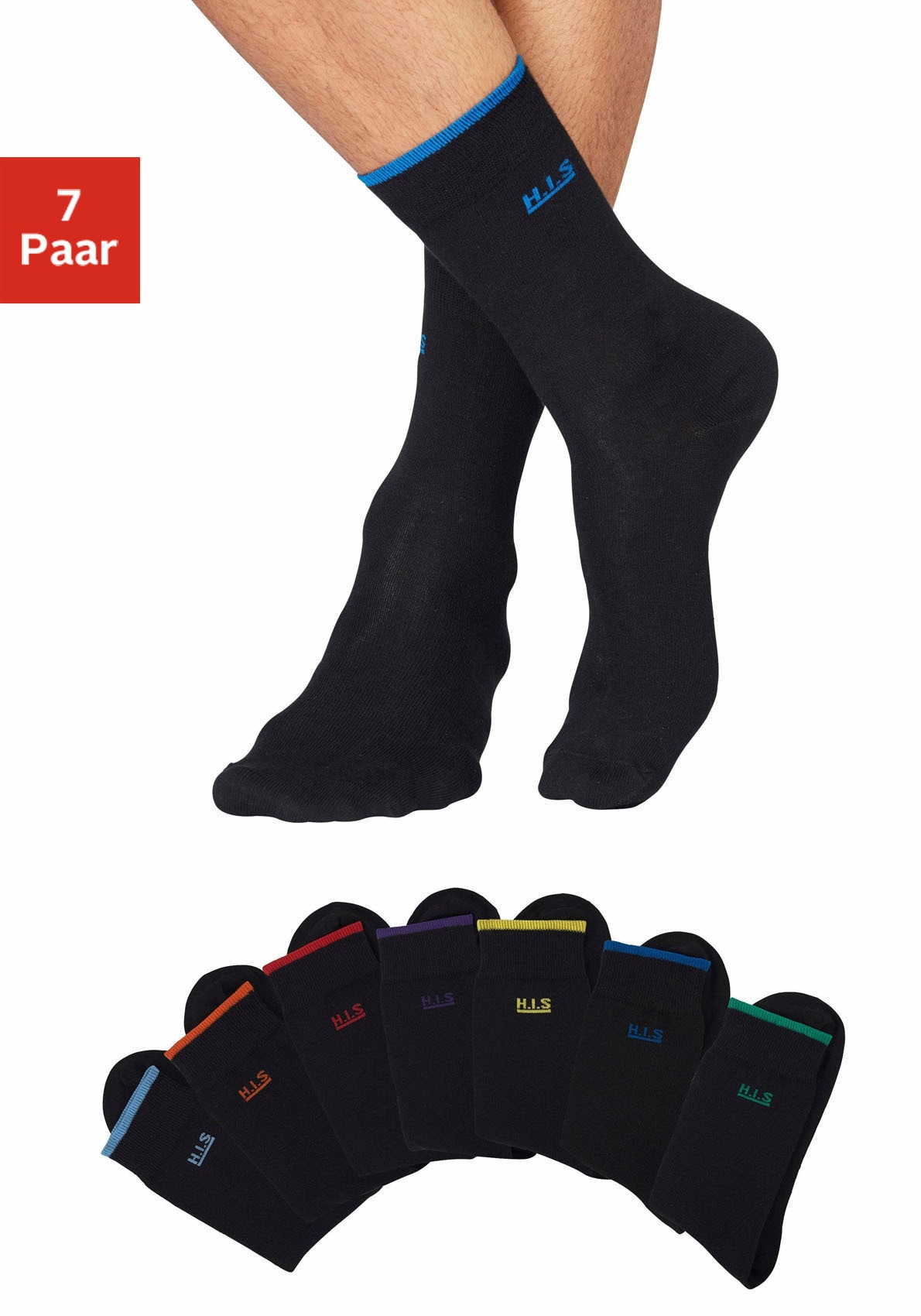 H.I.S Socken "Herren Socken Strümpfe, Anzugsocken, Freizeitsocken, Alltagssocken" Packung, 7 Stk. tlg. mit farbigen Bündchen und Markenlogo
