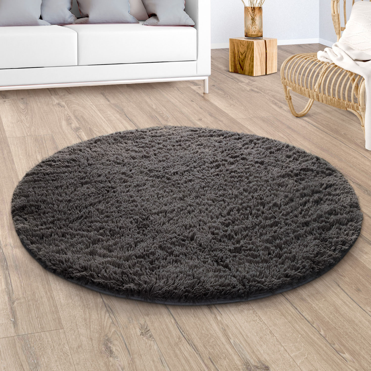 Paco Home Hochflor-Teppich "Silky 591" rund 37 mm Höhe Uni-Farben, besonders weich und kuschelig, Wohnzimmer