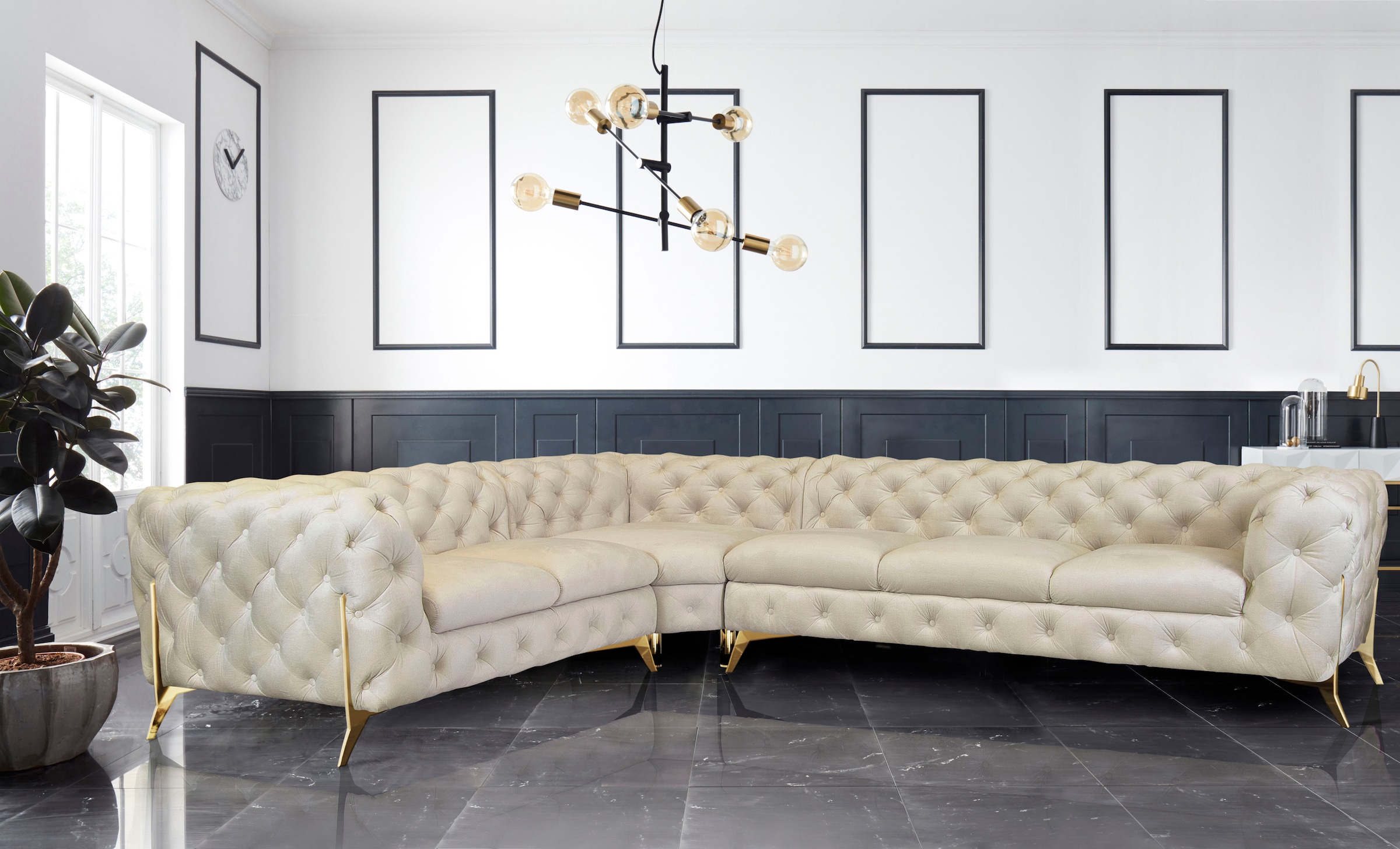 Leonique Chesterfield-Sofa »Amaury L-Form«, großes Ecksofa, Chesterfield-Optik, Breite 323 cm, Fußfarbe wählbar