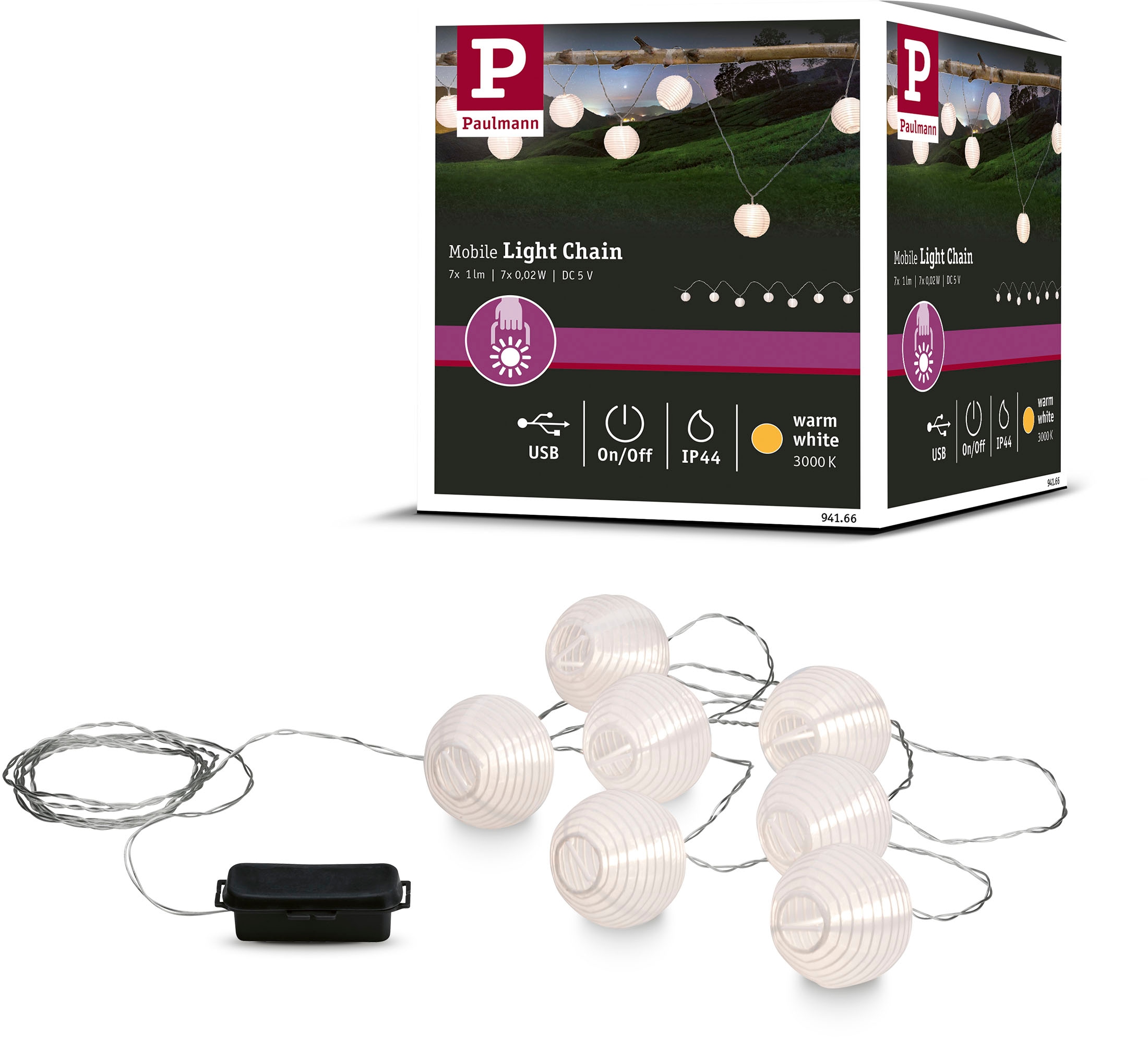 PAULMANN Lichterkette "Outdoor Mobile Lampionkette IP44 3000K 7x1lm 5V ladbar mit USB", Ø:7,3cm, weiß, Balkon, Lichterketten, Outdoor Mobile