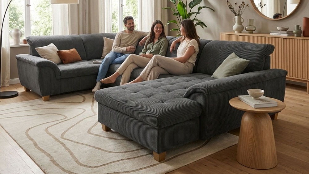 OTTO home Wohnlandschaft "Eggery 352 x 214 cm, auch mit Schlaffunktion & Bettkasten, Holzfüße" Kopfteile verstellbar, U-Form, aus Pet Friendly Cord