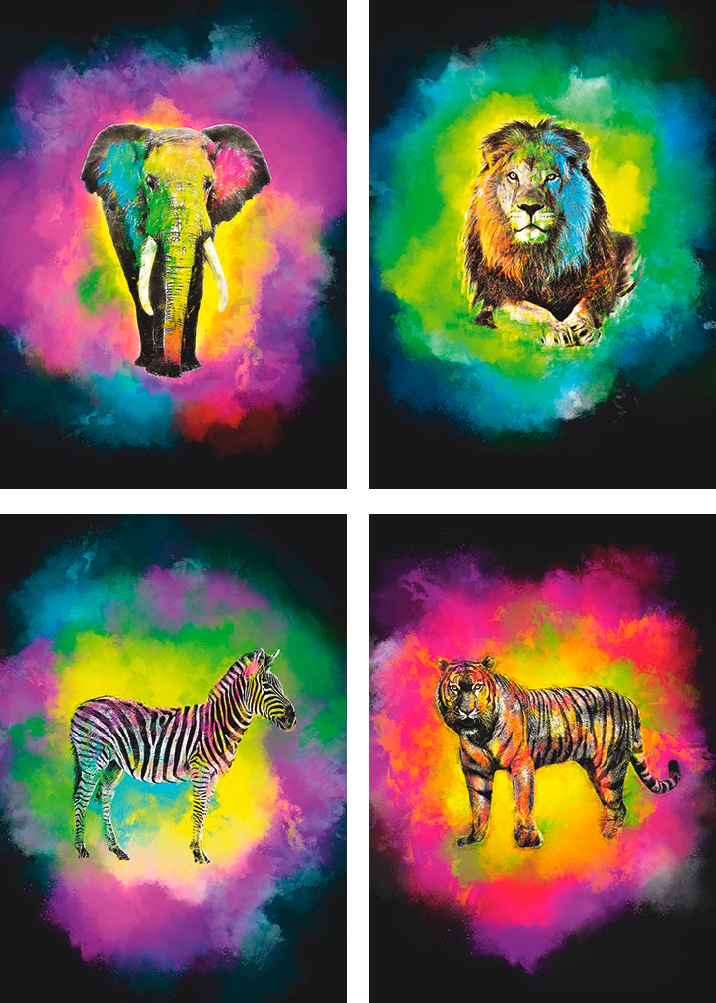 Löwe Elefant Tiger«, Artland BAUR St.), Wildtiere, Poster kaufen »Farbexplosion Zebra Wandposter Wandbild, (4 Poster, Bild, |