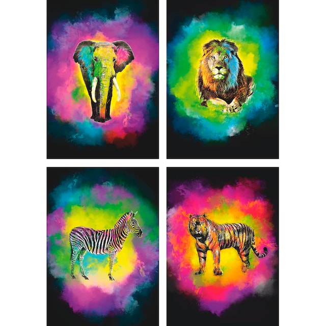 Artland Poster »Farbexplosion Elefant Löwe Zebra Tiger«, Wildtiere, (4 St.),  Poster, Wandbild, Bild, Wandposter kaufen | BAUR