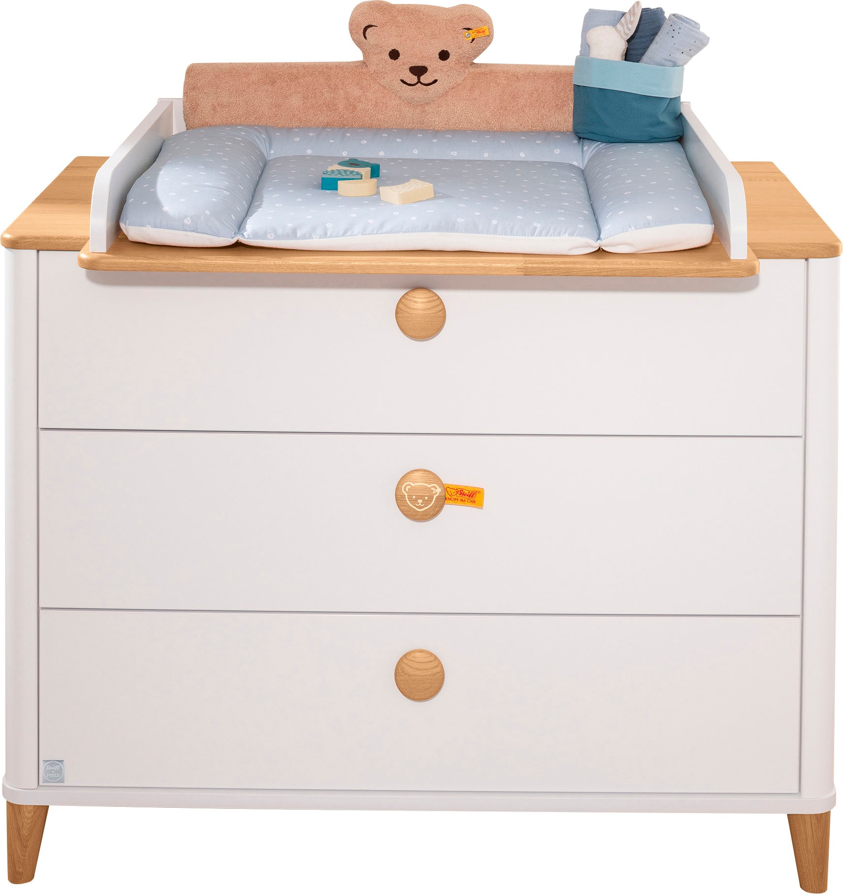 Thumbnail - PAIDI Wickelkommode "LOTTE & FYNN Steiff by PAIDI, 3 Schubladen und Wickelaufsatz" Weiß mit Eiche Massivholz, abnehmbare...