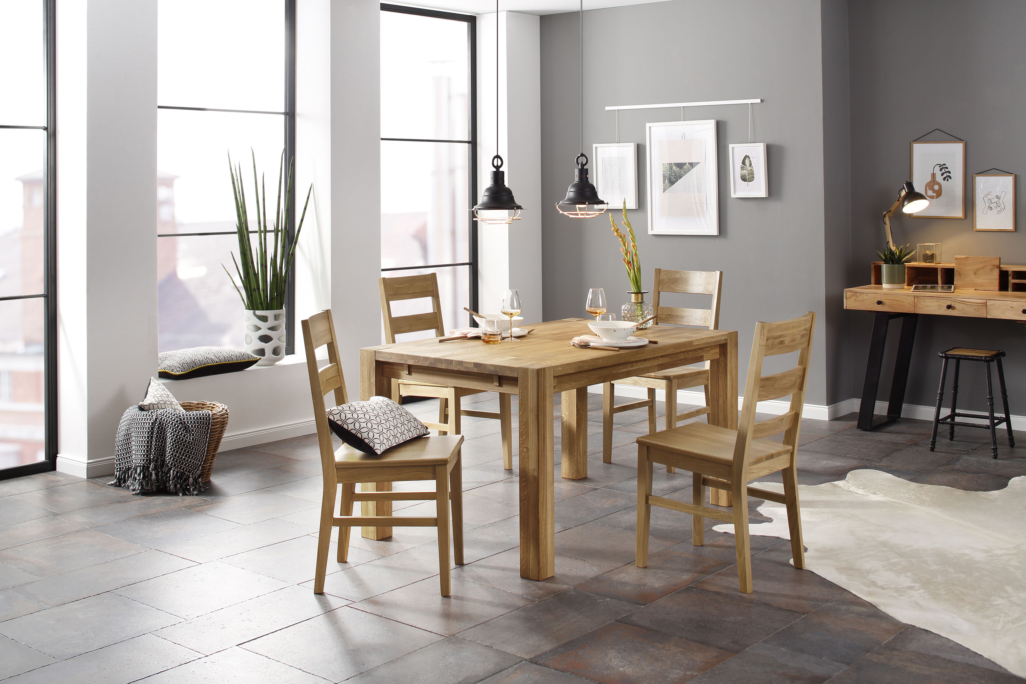 Home affaire Essgruppe Nils 6, (Set, 5 tlg., Tisch 140/90 cm, 4 Stühle, Holzsitz), aus Massivholz