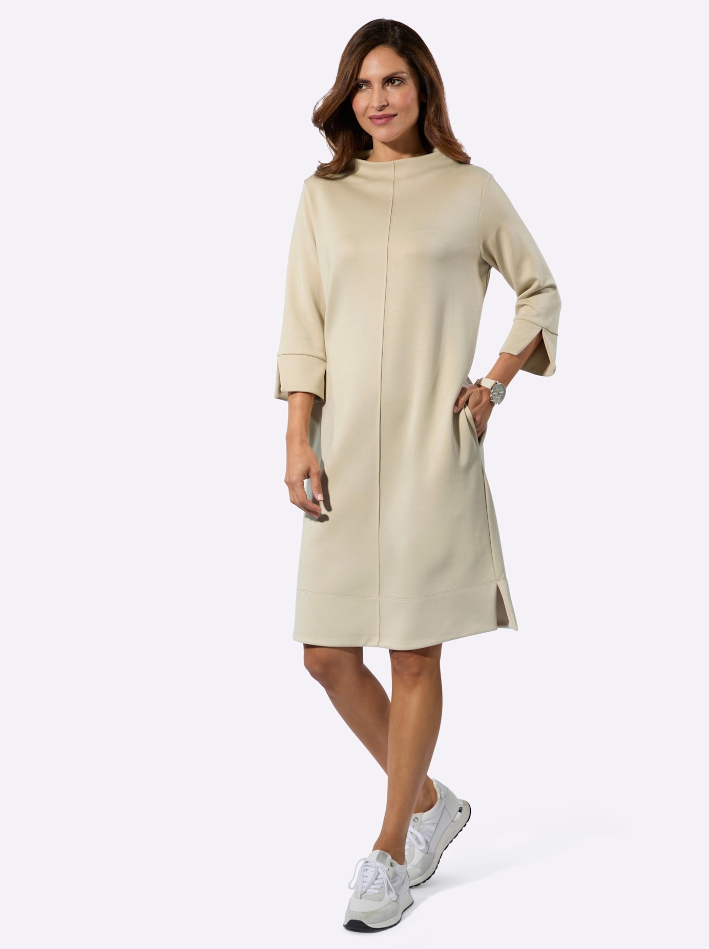 Jerseykleid INSPIRATIONEN "Jersey-Kleid", Damen, Gr. 40, Normalgrößen, sand, Jersey, 50% Modal, 44% Polyester, 6% Elasthan, unifarben, kurz, Kleider Jerseykleid
