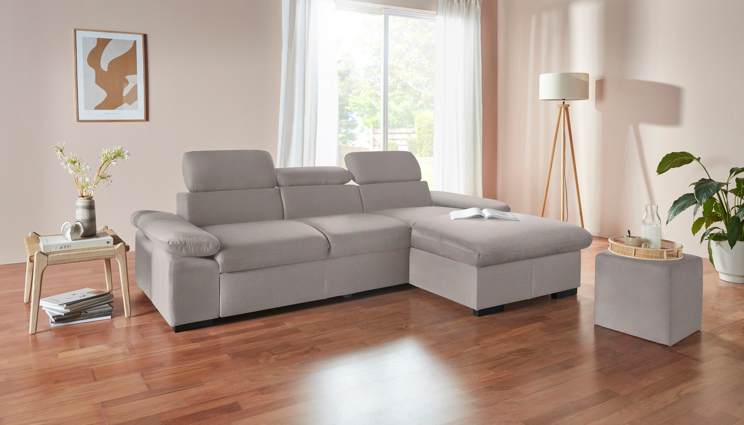 COTTA Ecksofa »Lola L-Form mit Kopfteilfunktion & Hocker«, (Set, mit Hocker), wahlweise mit Bettfunktion, Bettkasten & Armteilverstellung