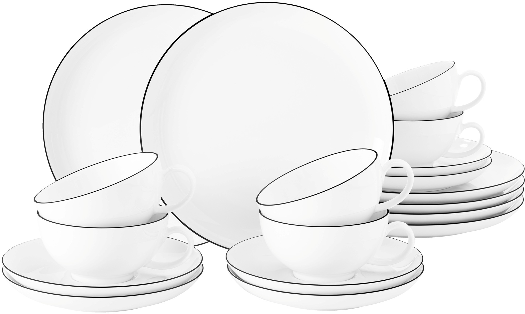 Seltmann Weiden Weiß Teeservice "Geschirr-Set Lido Black Line" Tassen Untertassen Teller 18 Teile Für 6 Personen Made In Germany von Baur