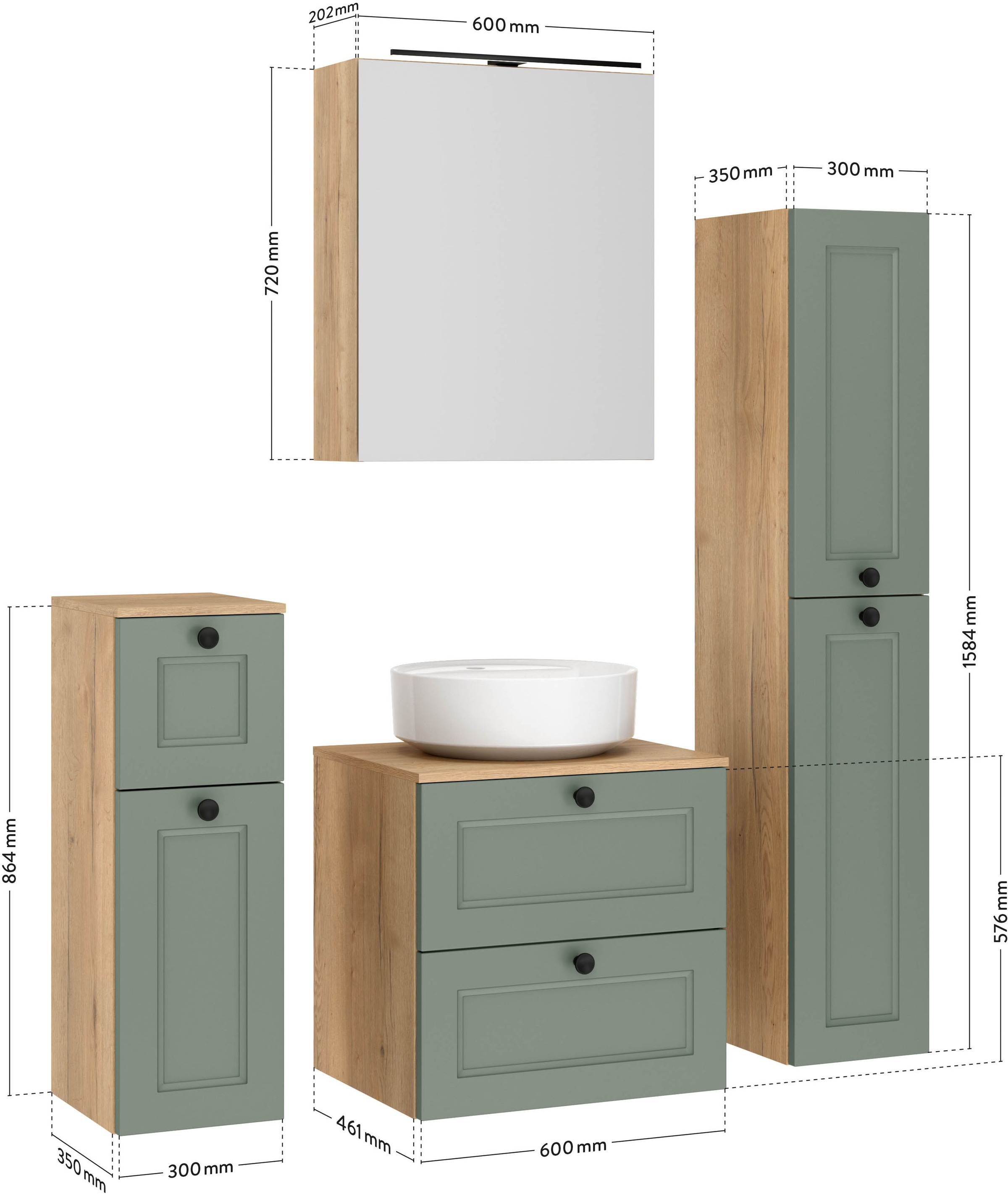 nobilia® Badmöbel-Set »Cascada« Set, inkl.  Aufsatzwaschbecken und Spiegelschrank mit Beleuchtung, 4 Stk. tlg.