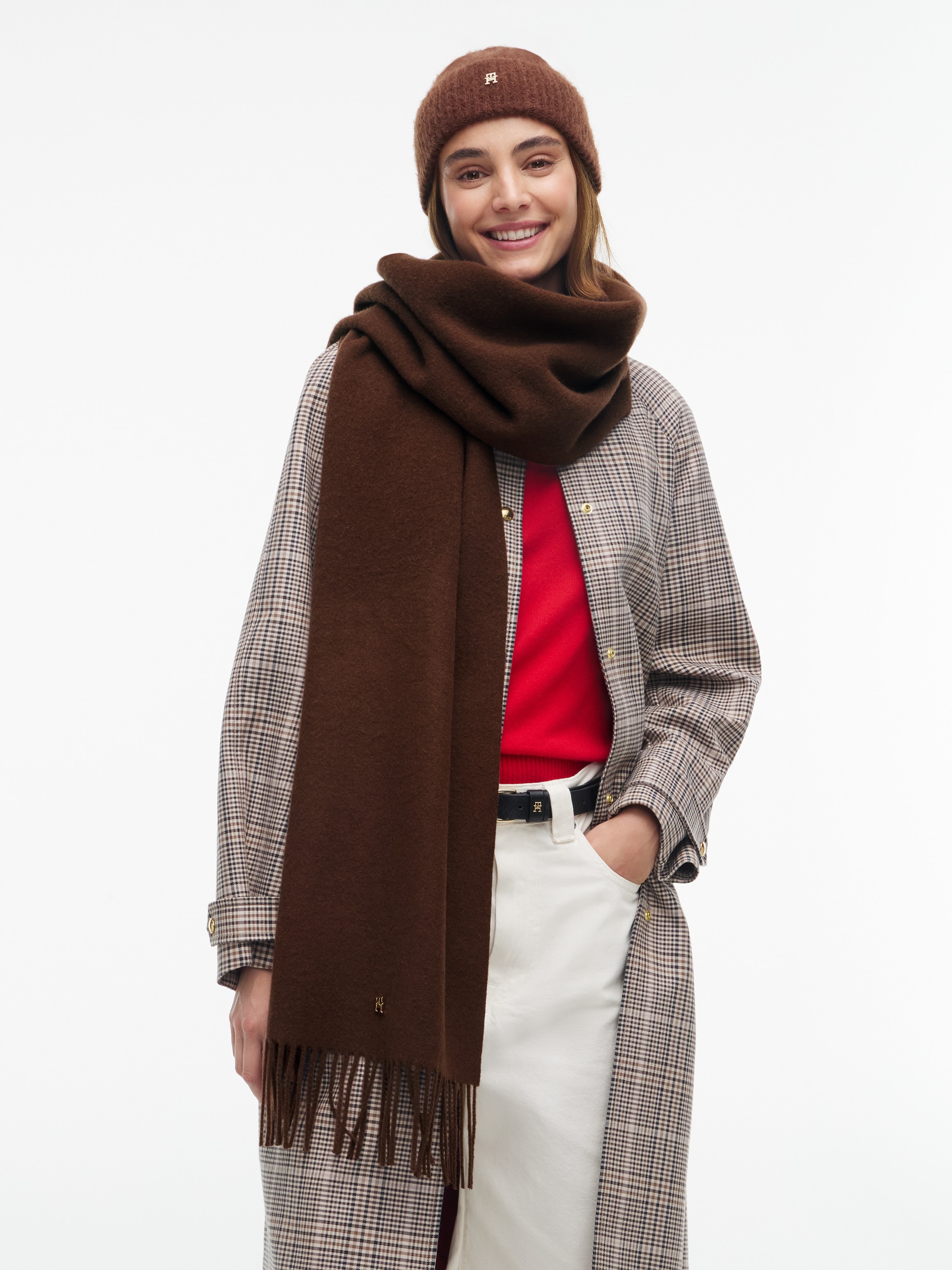 Tommy Hilfiger Damen Truffle Braun Schal "Th Elevated Chic Woven" Aus Reiner Wolle Mit Fransen von Baur