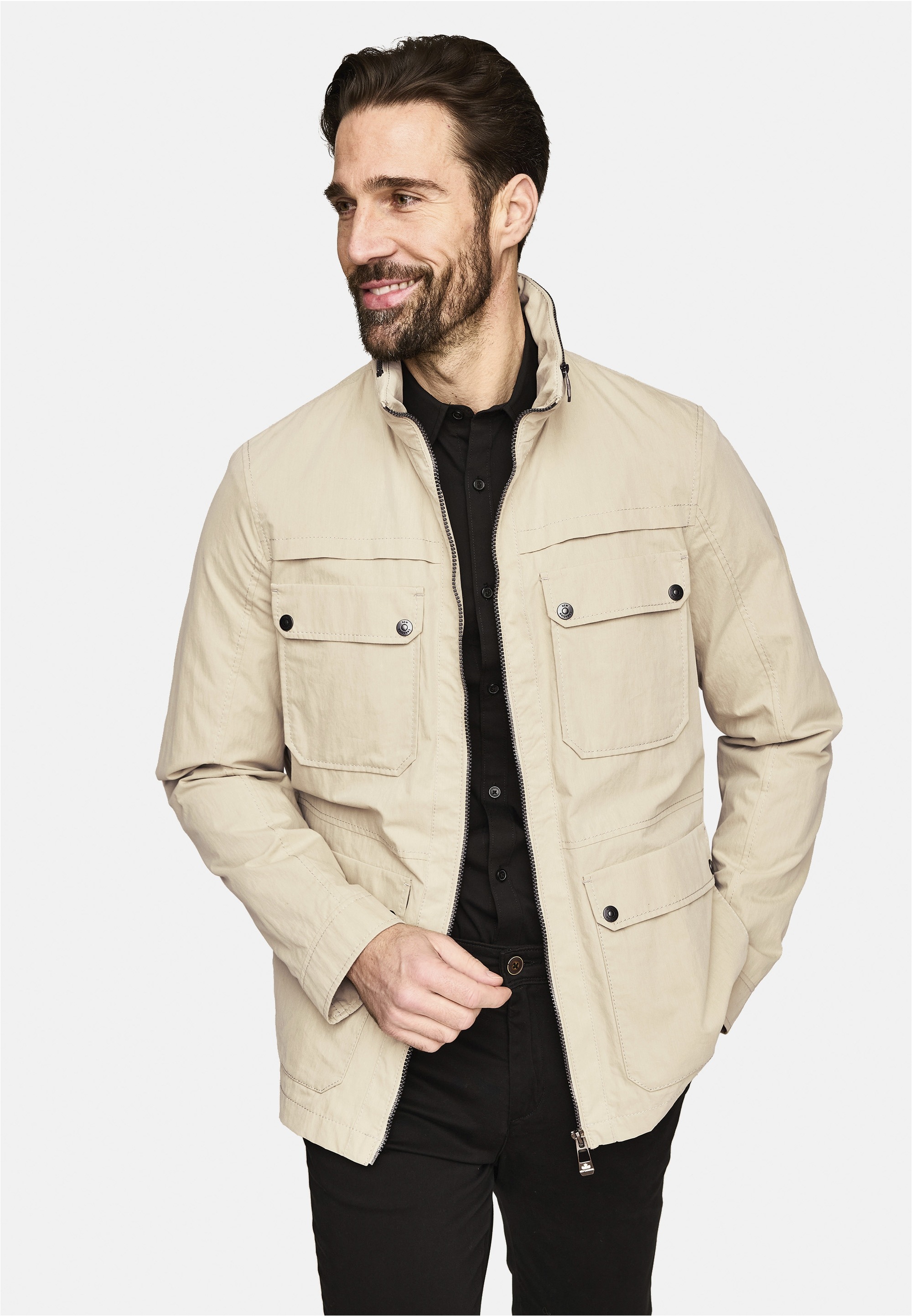 Outdoorjacke NEW CANADIAN "Cotton-Mix", Herren, Gr. 58, beige (sand), 70% Baumwolle, 30% Polyamid, unifarben, normal, hoch geschlossener Ausschnitt, Jacken Outdoorjacke, mit wind- und wasserabweisender Funktion