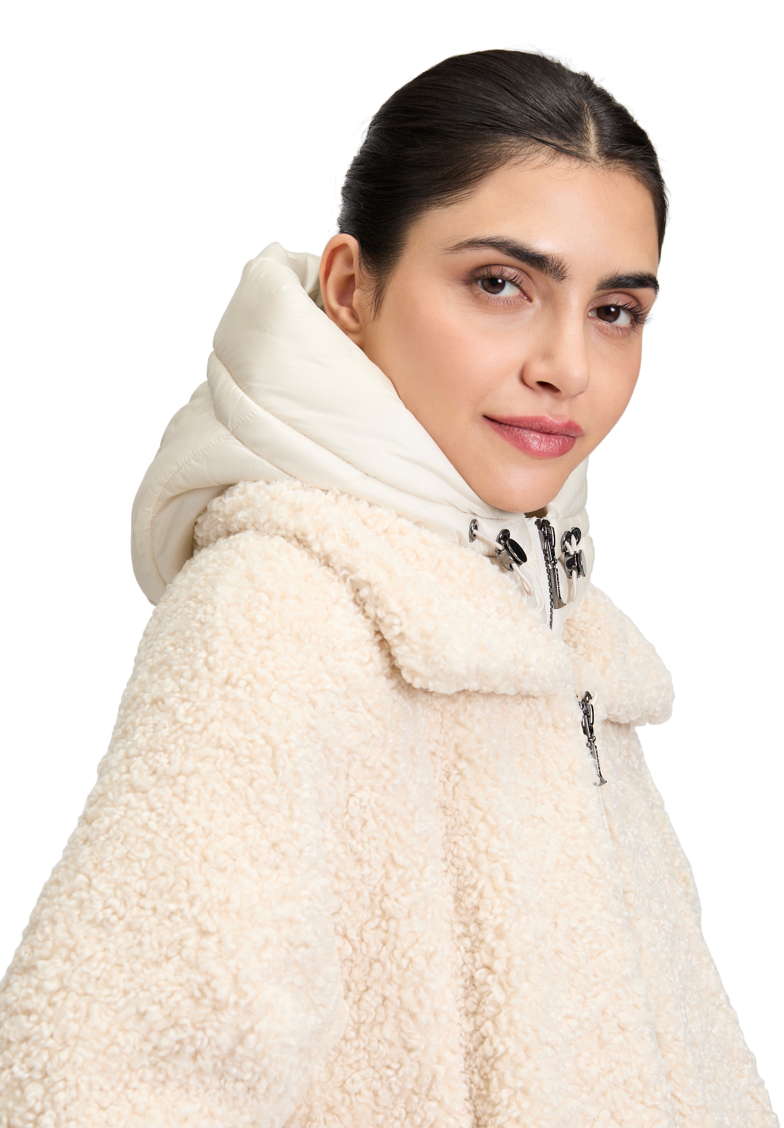 Amber & June Plüschjacke »Amber & June Damen Plüschjacke mit abnehmbarem Westenteil«, mit Kapuze