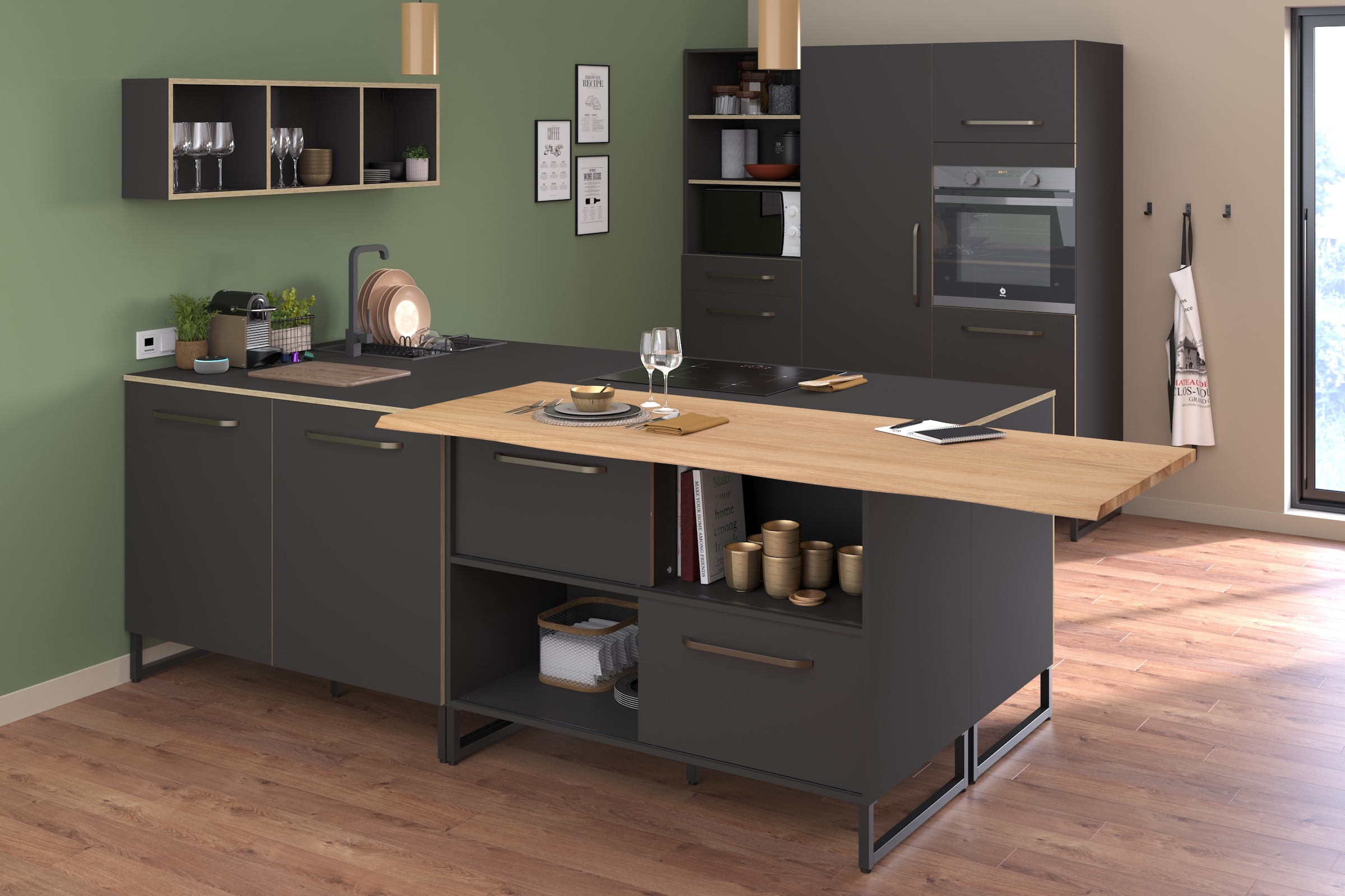 Parisot Schrank-Set »Wave 1, Küchenschrank, Buffetset, Küche«, (Set, 9 St., 4xUnterschrank, Theke/Arbeitsplattenergänzung.,3x Hochschrank, Regal), Türen mit Softclose Funktion, Thekenplatte aus Eiche - funiert