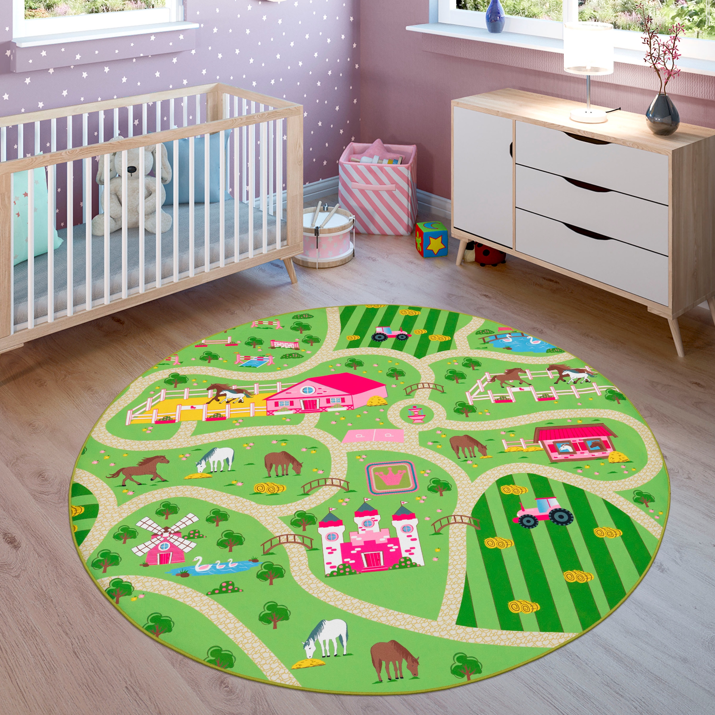 Paco Home Kinderteppich "Bino 560", rund, 4 mm Höhe, Kurzflor, Straßen-Spiel-Teppich, Motiv Bauernhof, Kinderzimmer