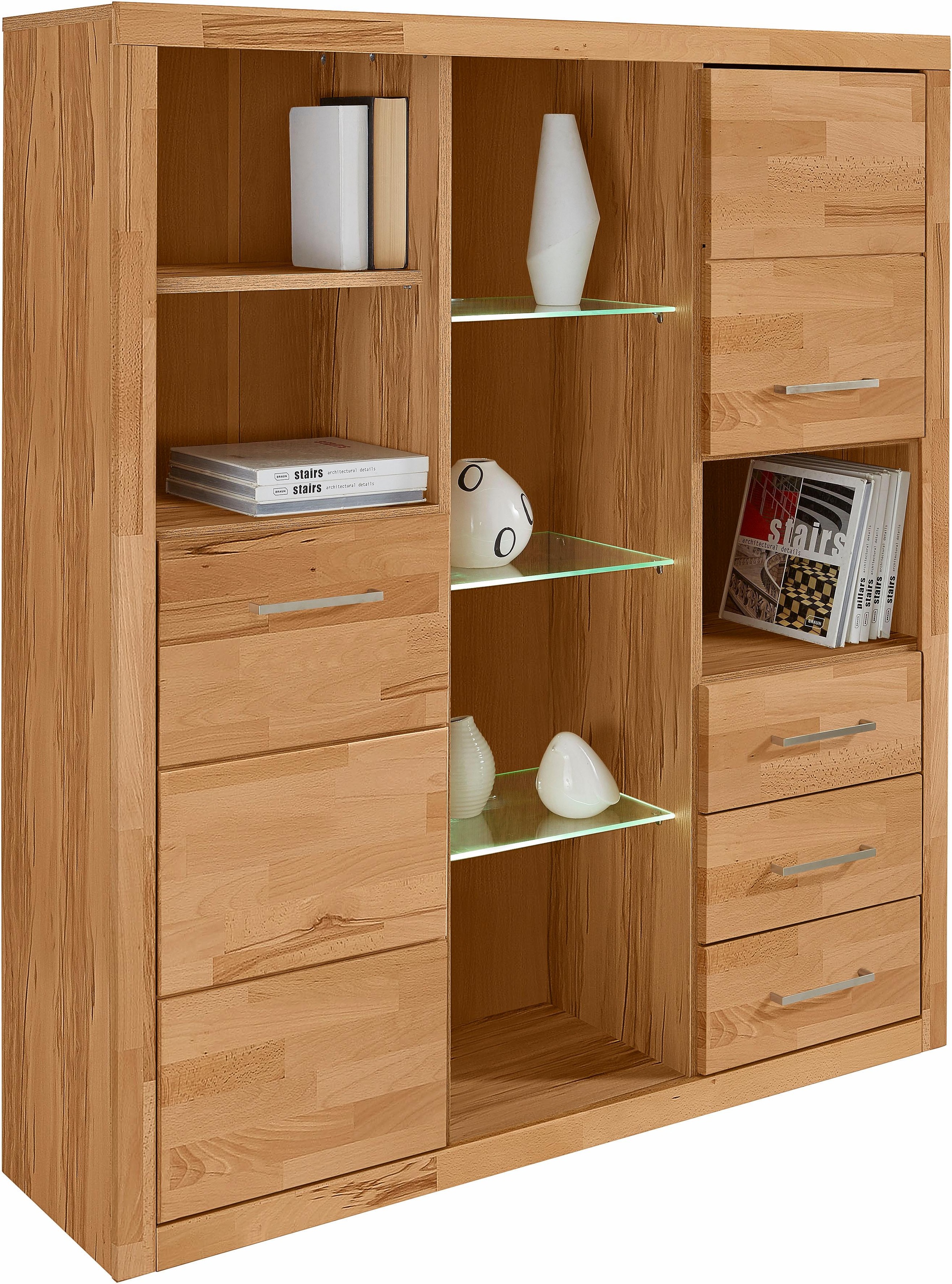 OTTO home Highboard "Ribe,130cm breit145cm hoch,Fronten Massivholz,12 Fächer" Korpus aus Holzwerkstoff, Metall Griffe,Böden versetzbar