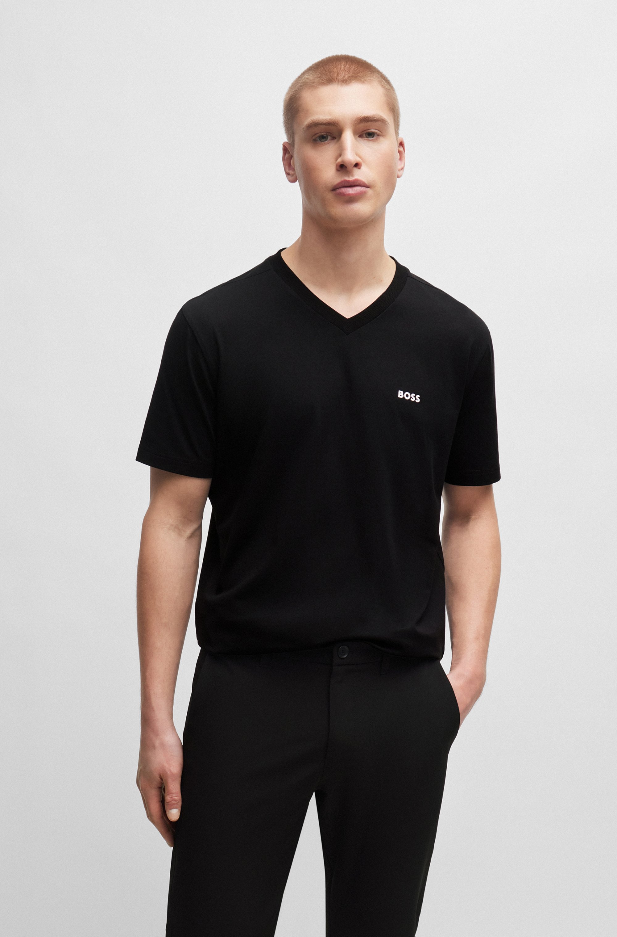 BOSS GREEN T-Shirt "Tee V Regular Fit" Stretch Jersey Cotton, Logo on Chest, V Ausschnitt