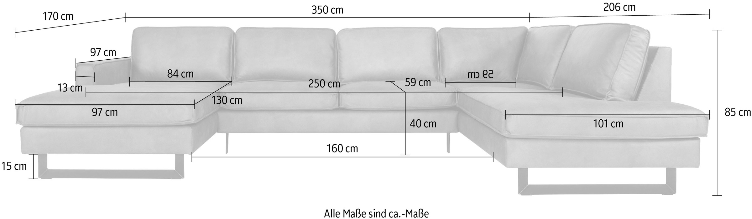 Places of Style Wohnlandschaft »Pinto, 350 cm, U-Form, XXL, mit Ottomanen«, Cord, Chenille, Lederoptik, mit Keder, Metallfüße, Wellenunterfederung