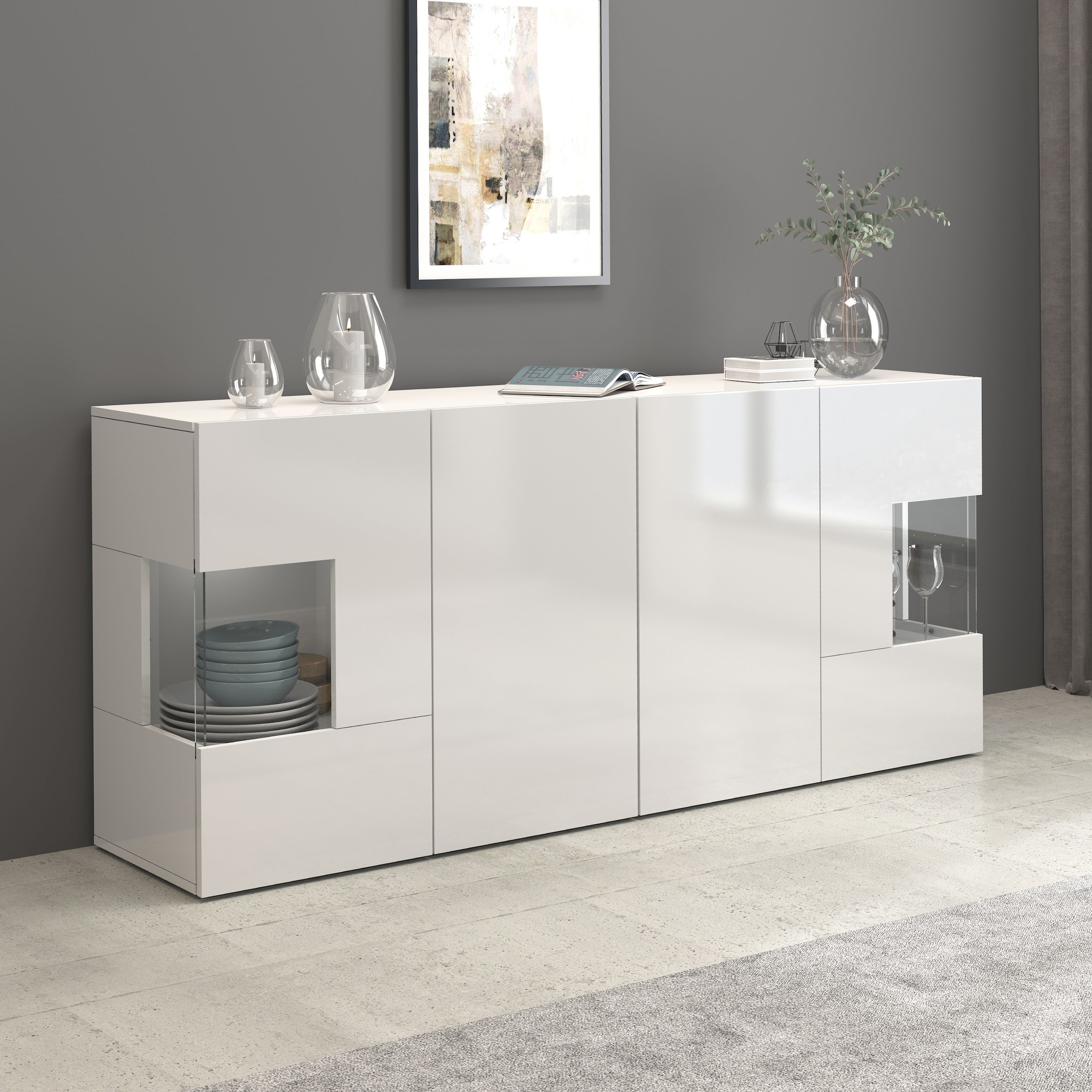 INOSIGN Sideboard »Egypt, Kommode, Schrank, Kredenz, Vitrine grifflos«, 4 Türen davon 2 mit Glaseinsatz, kompl. Hochglanz lackiert, Breite 180