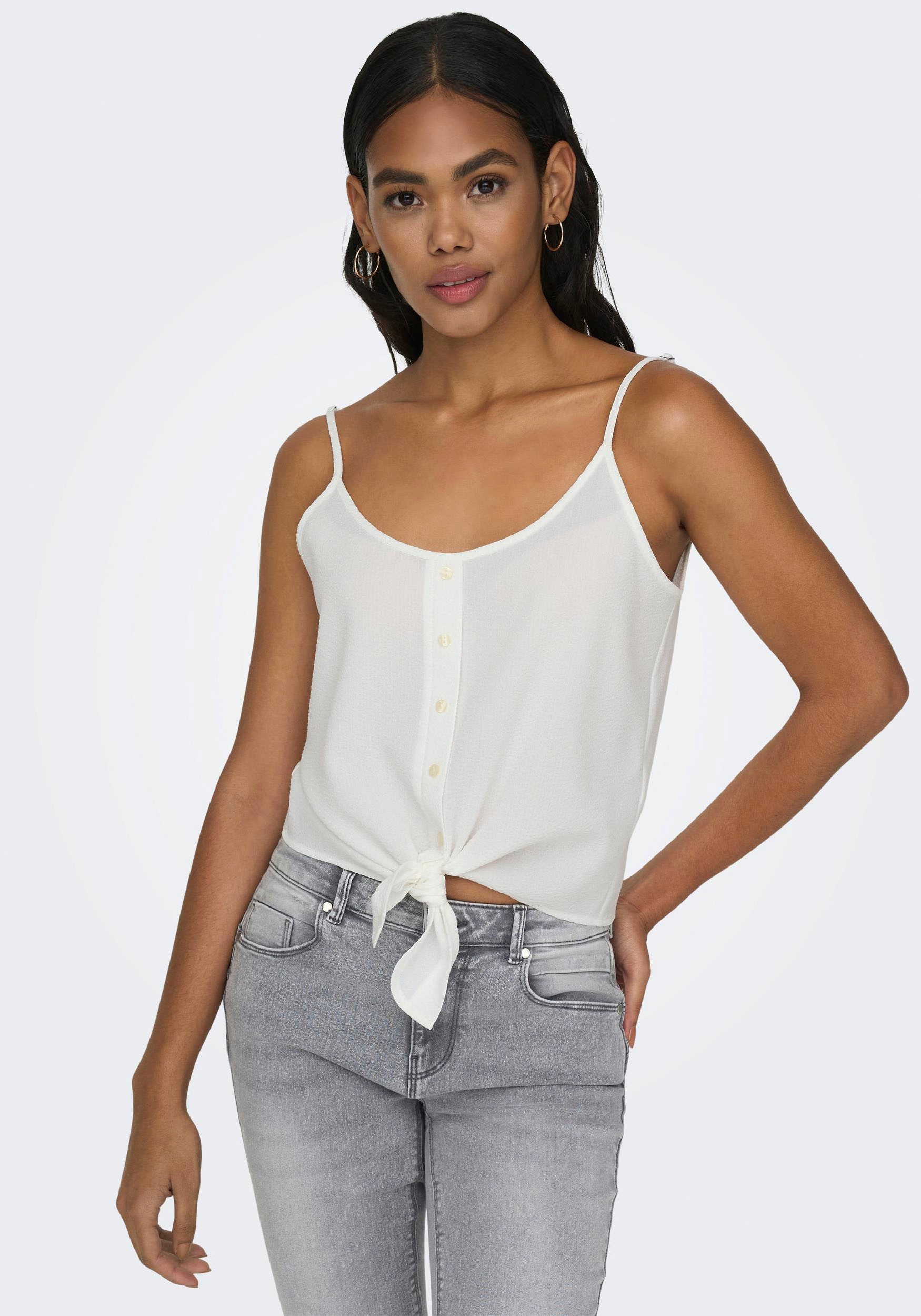 Trägertop ONLY "ONLLECEY SL KNOT SINGLET NOOS WVN", Damen, Gr. M, cloud dancer, Web, Obermaterial: 63% Polyester, 27% Viskose, 10% Nylon, unifarben, regular fit normal, Rundhals, Tops Trägertop, Materialmix, regular fit, V-Ausschnitt