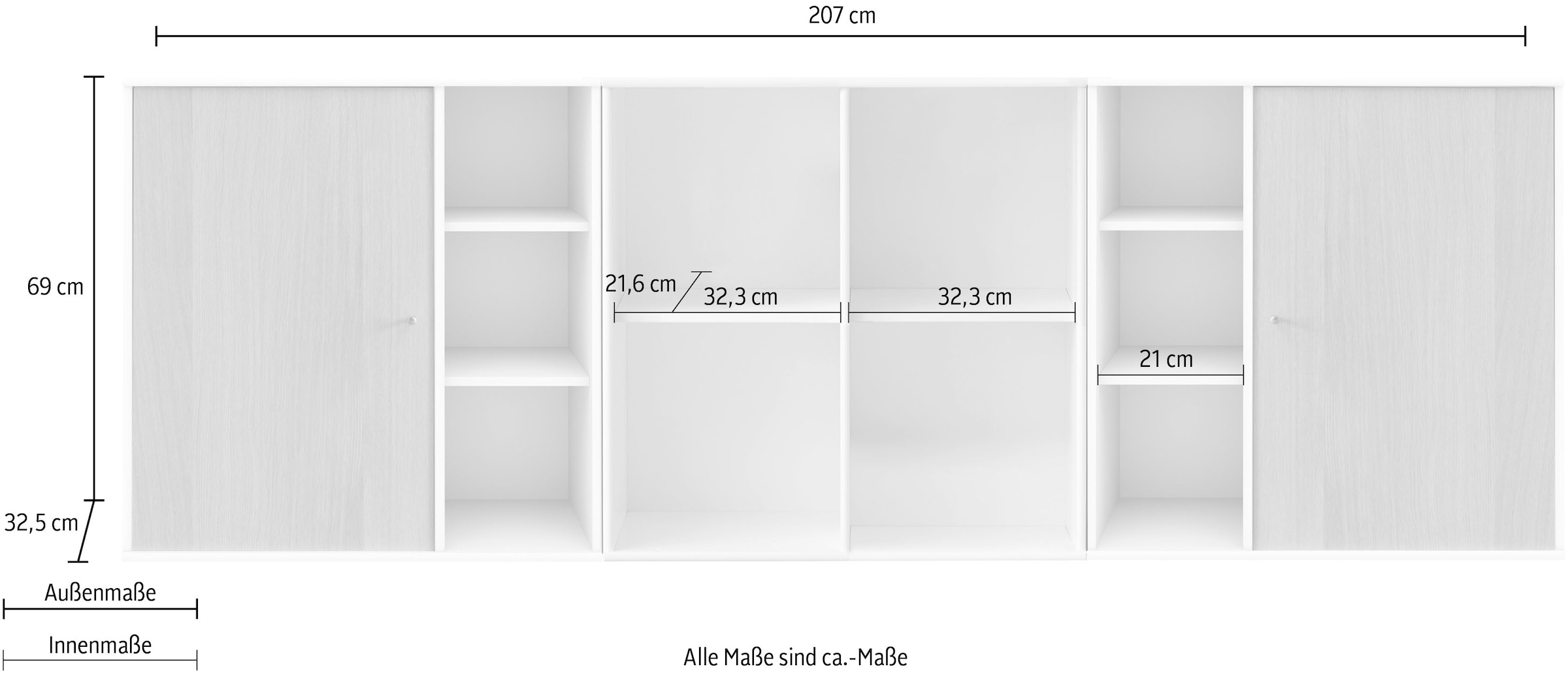 Hammel Furniture Sideboard 207cm Wandmontage/stehend, Breite: | Kombination »Mistral BAUR Kubus«, 3 2 Modulen, aus Türen,